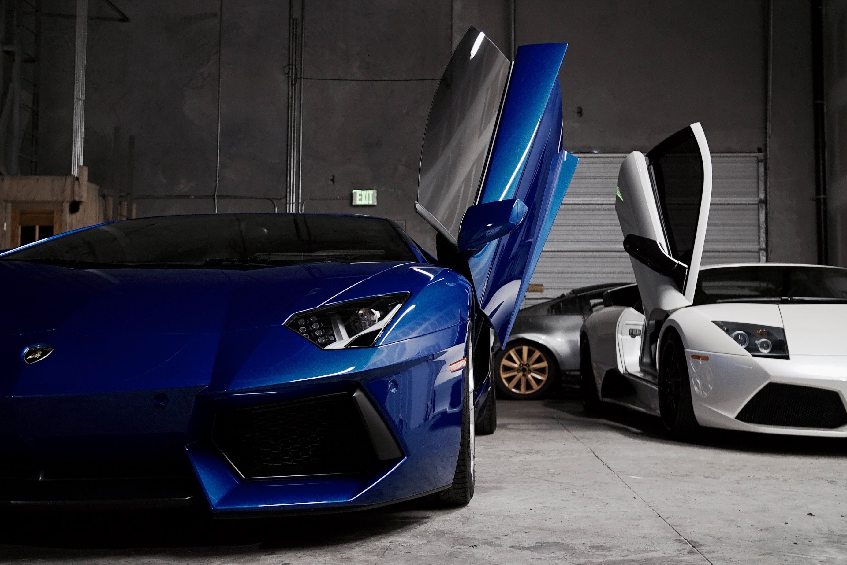 two white and blue Lamborghini vehicles inside garage photo