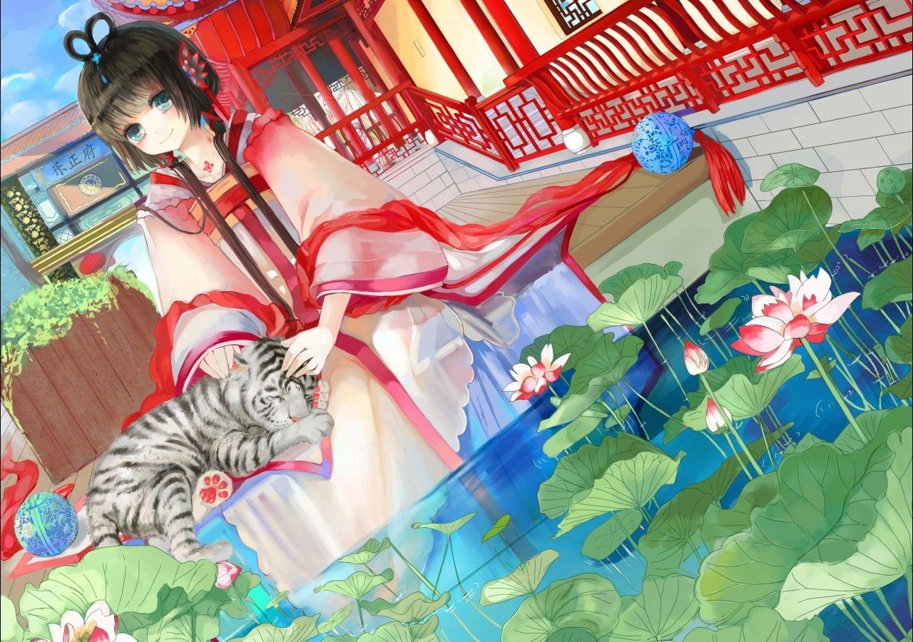 vocaloid tigers long hair plants anime girls black hair luo tianyi