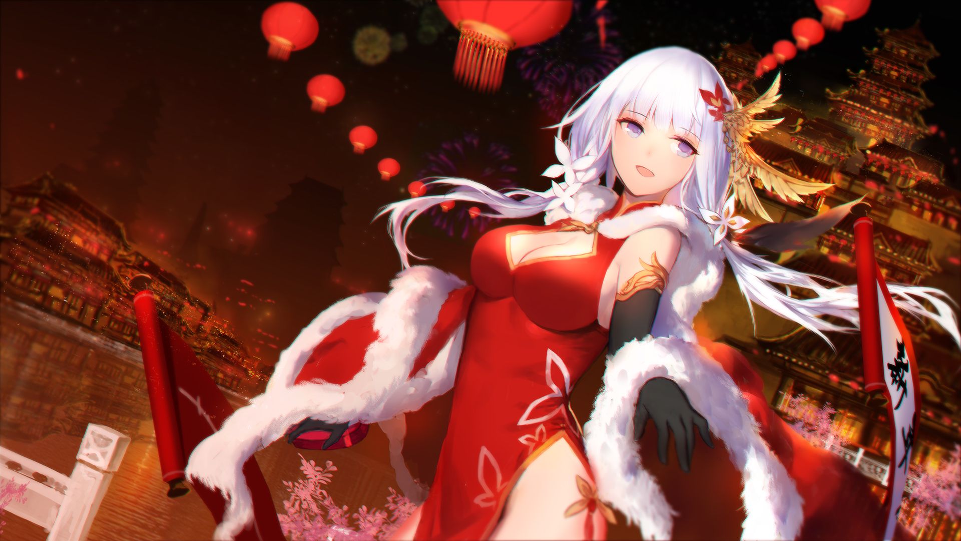 white hair, anime girls, chinese new year, red dress, Illustrious