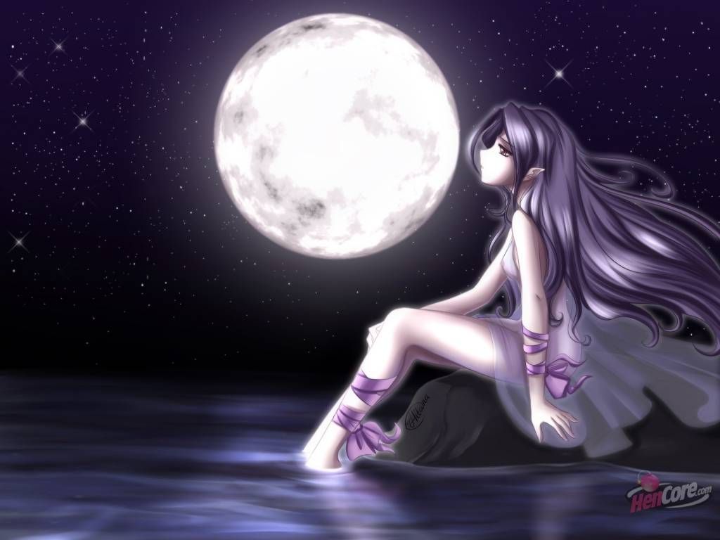 Lonely Anime Girl Looking At Moon