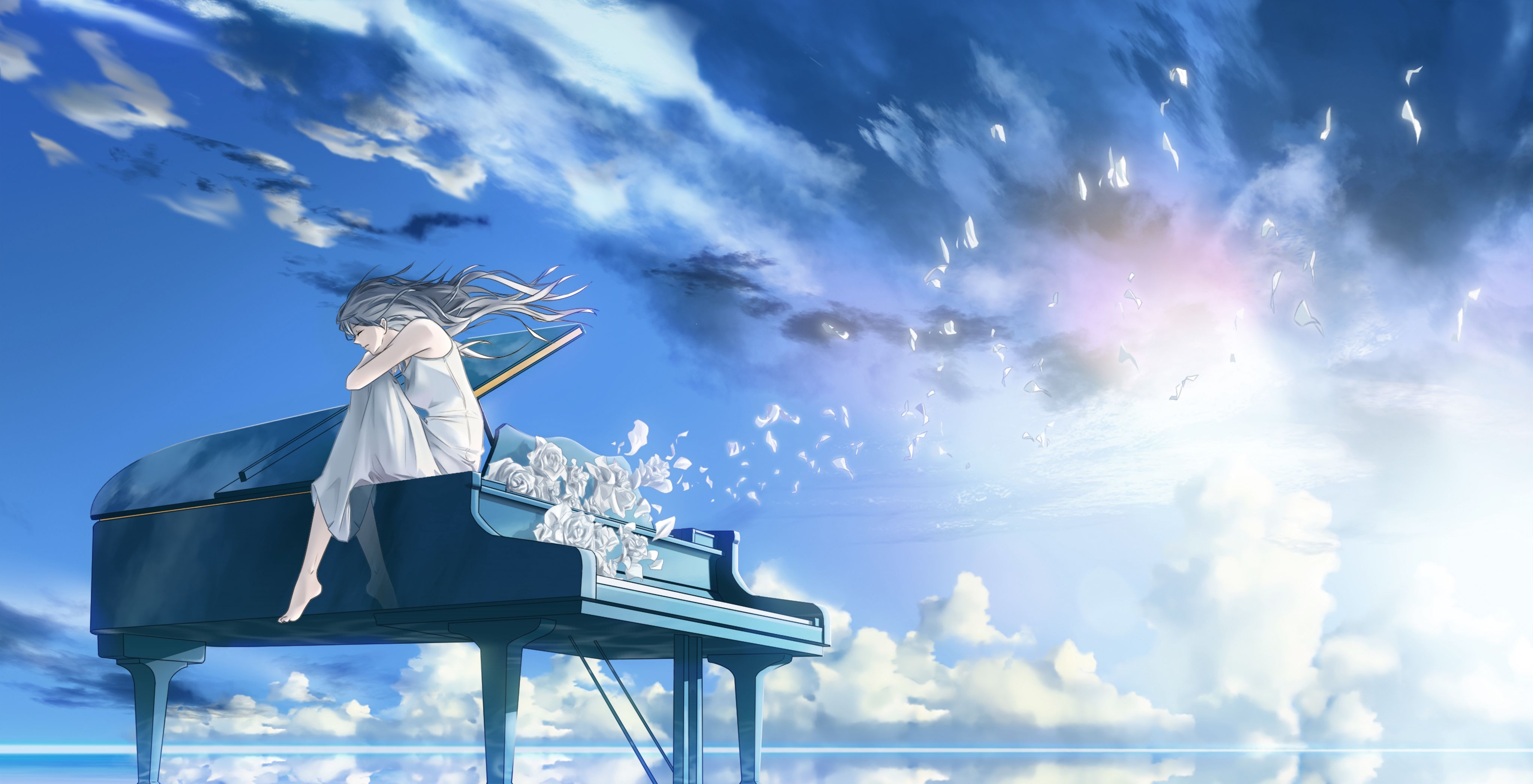 Download 4092x2094 Lonely Anime Girl, Piano, Instrument, Scenic