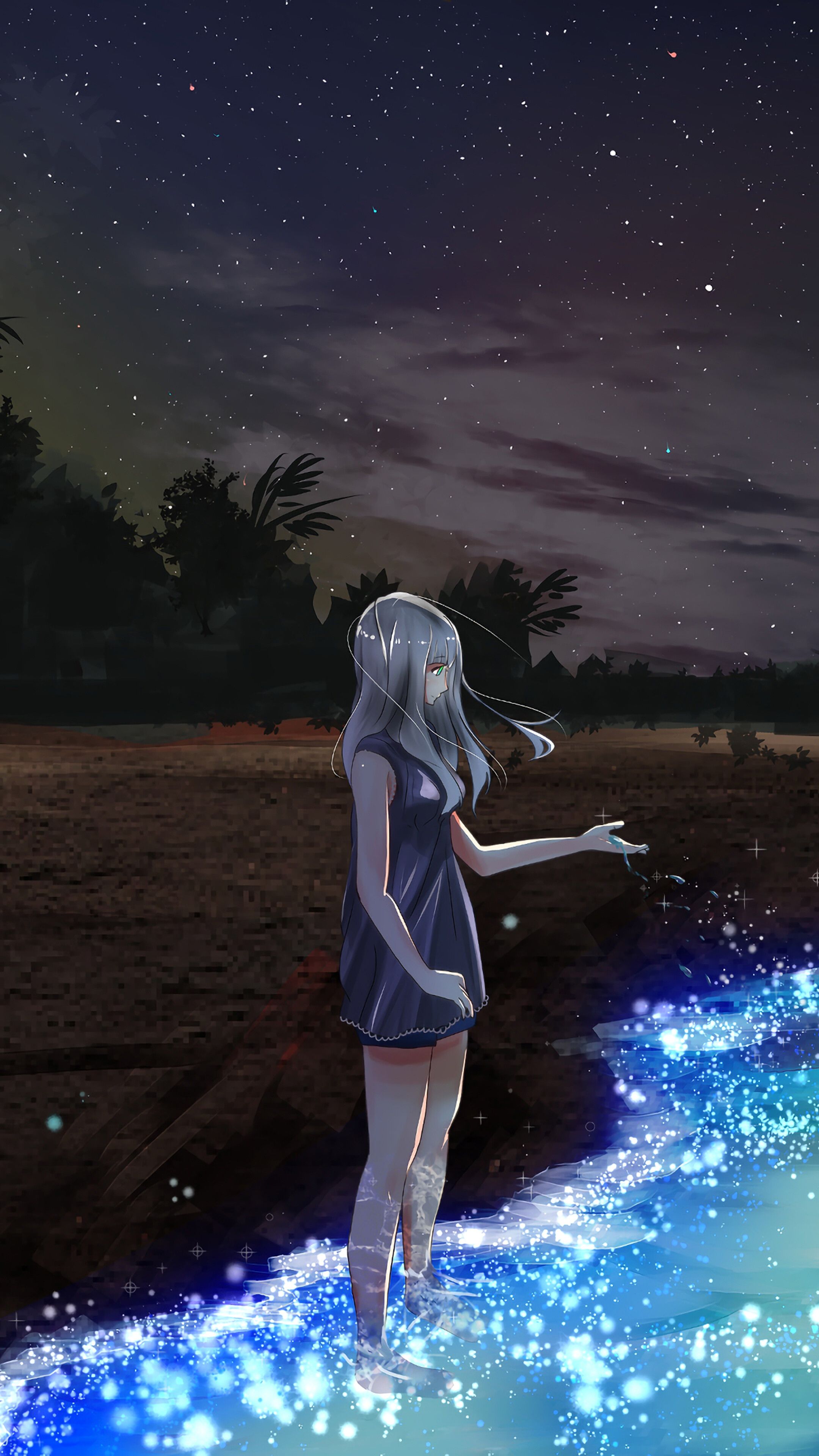 Anime, Scenery, Girl, Night, Beach, Moon, 4K iPhone 6s