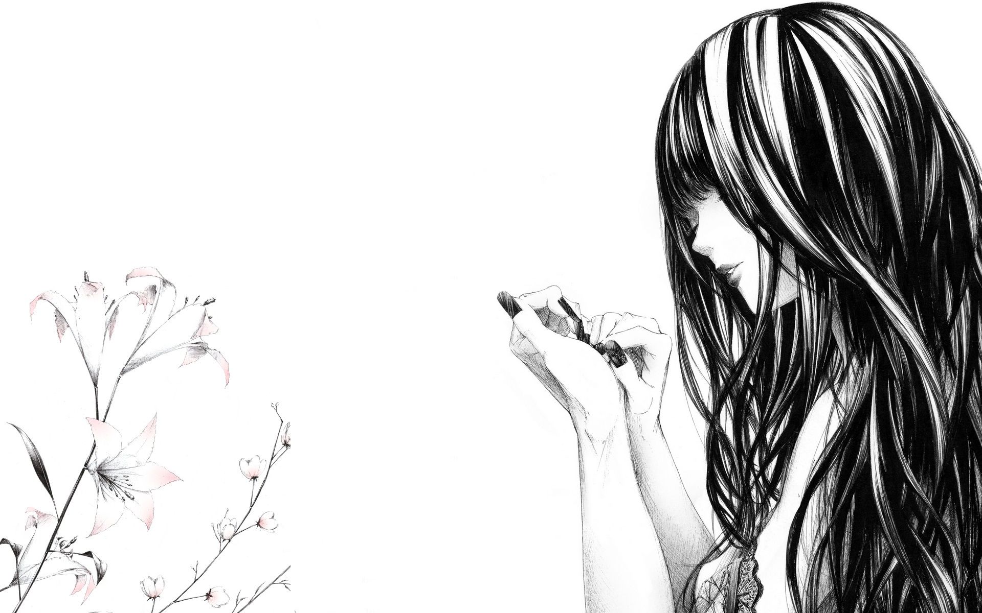 art, Sawasawa, Girl, Nails, Flowers, Lilies, Drawing, Monochrome, Flowers, Black, White, Anime, Women, Femles Wallpaper HD / Desktop and Mobile Background