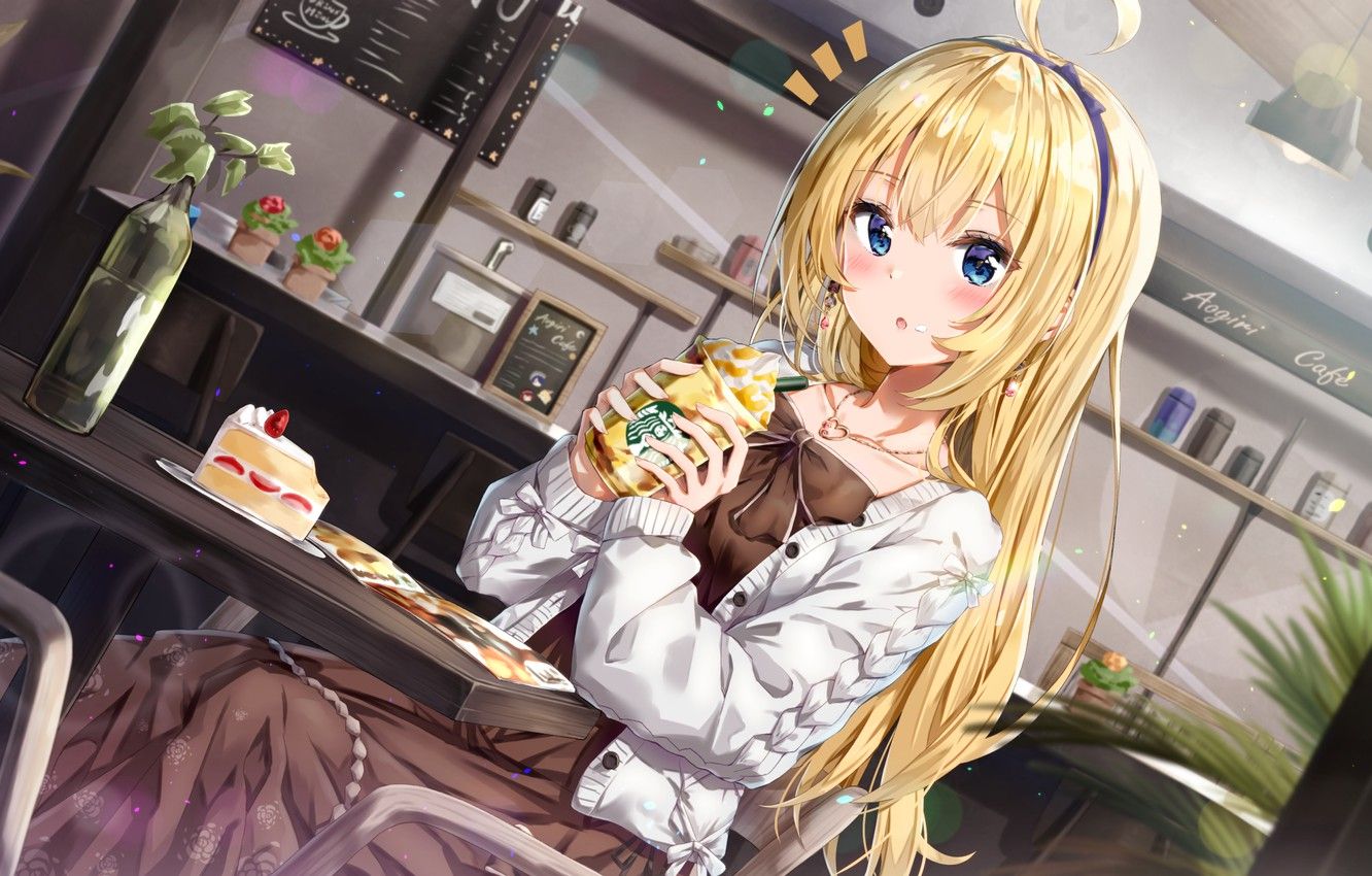 Wallpaper girl, coffee, cafe, Cup, cake .anime.goodfon.com