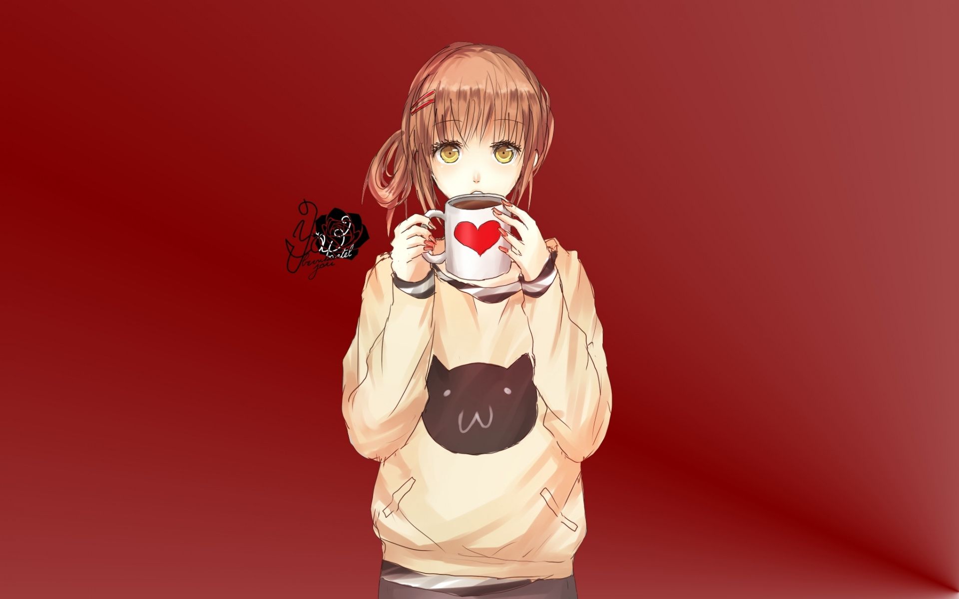 Download Curious, anime girl, coffee cup wallpaper, 1920x1200
