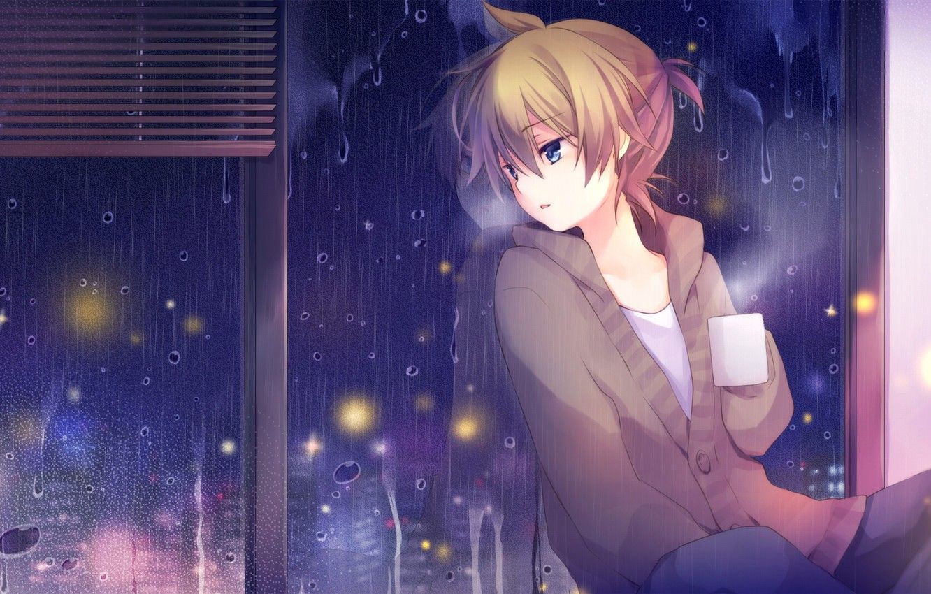 Wallpaper night, rain, coffee, art, guy, Kaganime Len, window