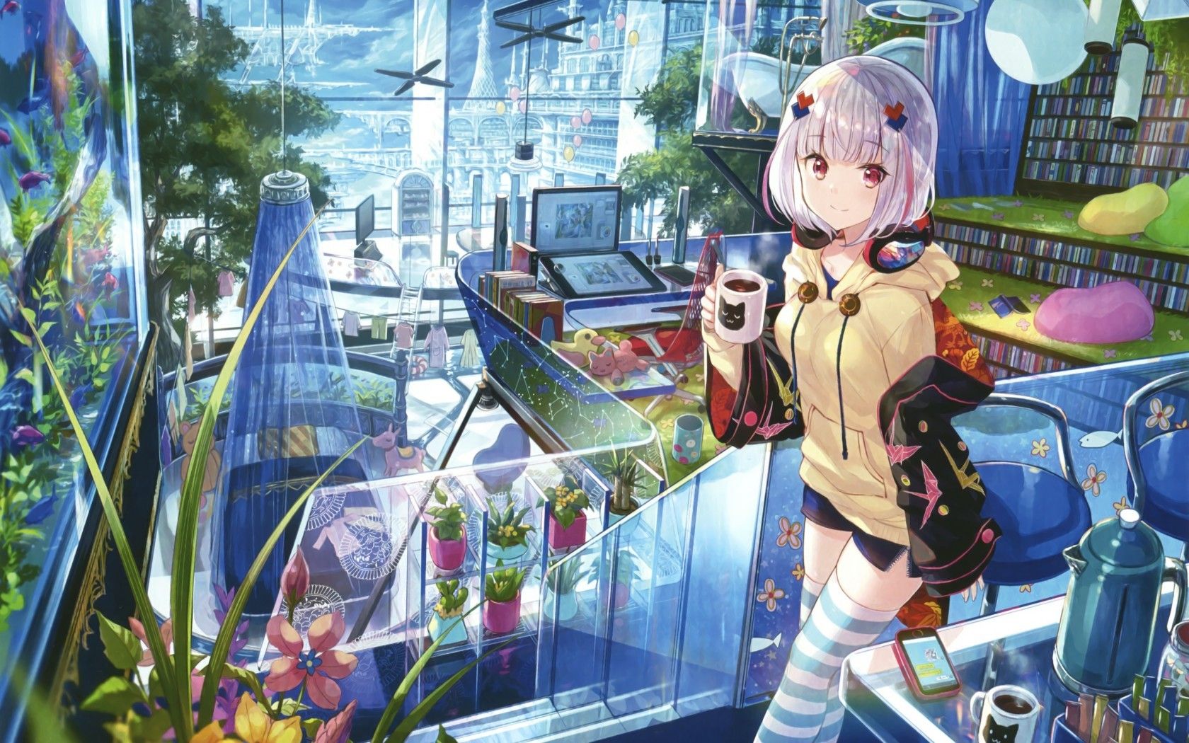 Download 1680x1050 Anime Girl, Futuristic City, Computer, Short