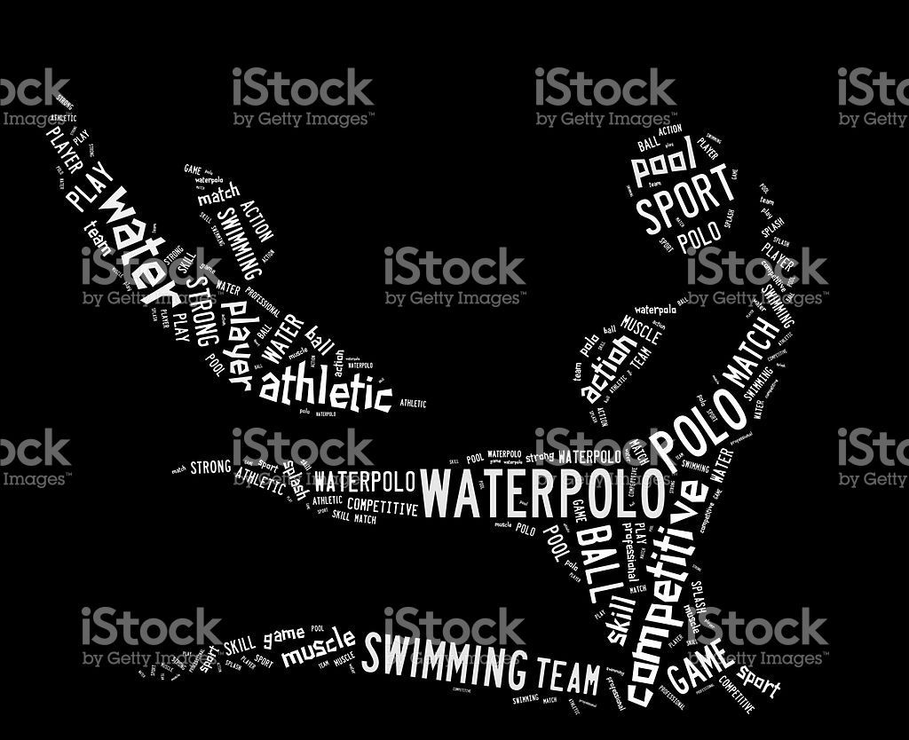 waterpolo word cloud with white wordings on black background