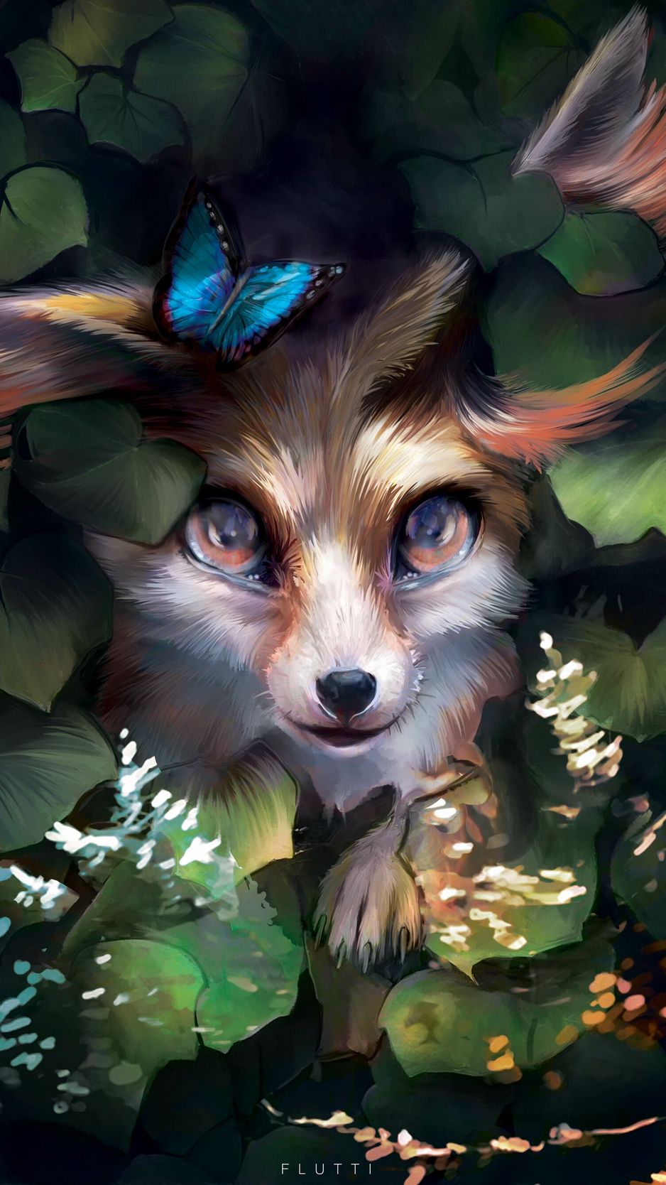 Download wallpaper 938x1668 fox, cute, art, butterfly, leaves