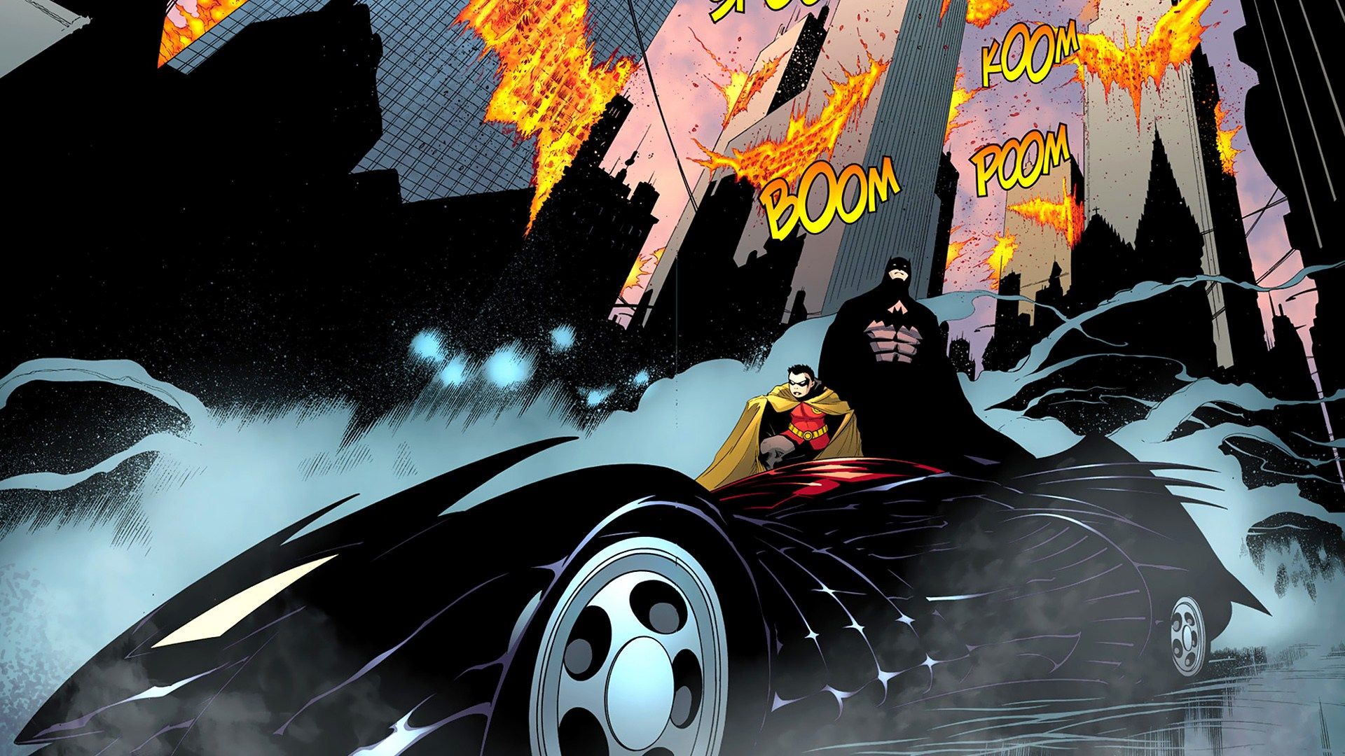 Batman and Robin in the batmobile