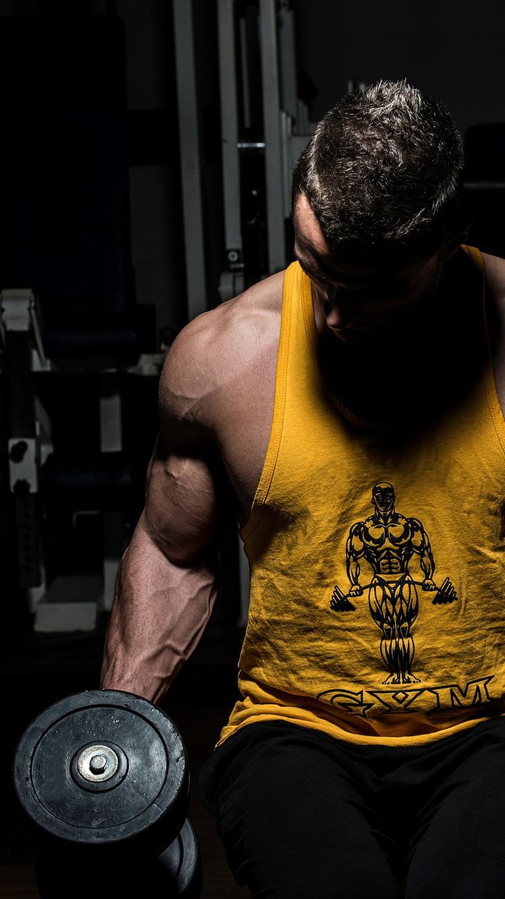 HD wallpaper: Bodybuilder Muscles, men's yellow tank top, Sports, adult, muscular build