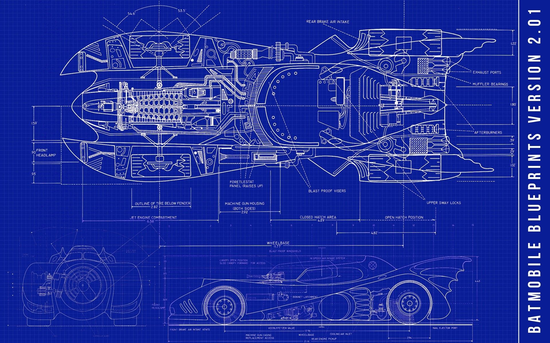 Batman blue dc comics blueprints batmobile 3D wallpaper