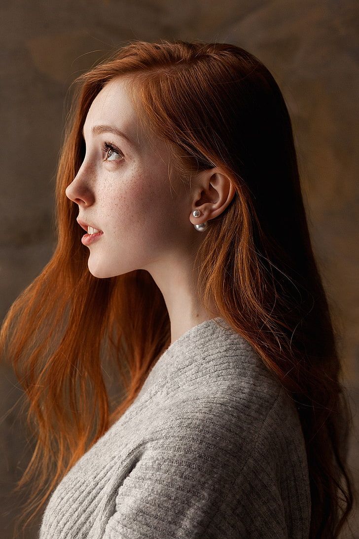 HD wallpaper: women, model, redhead, freckles, pearl earrings, sweater, portrait