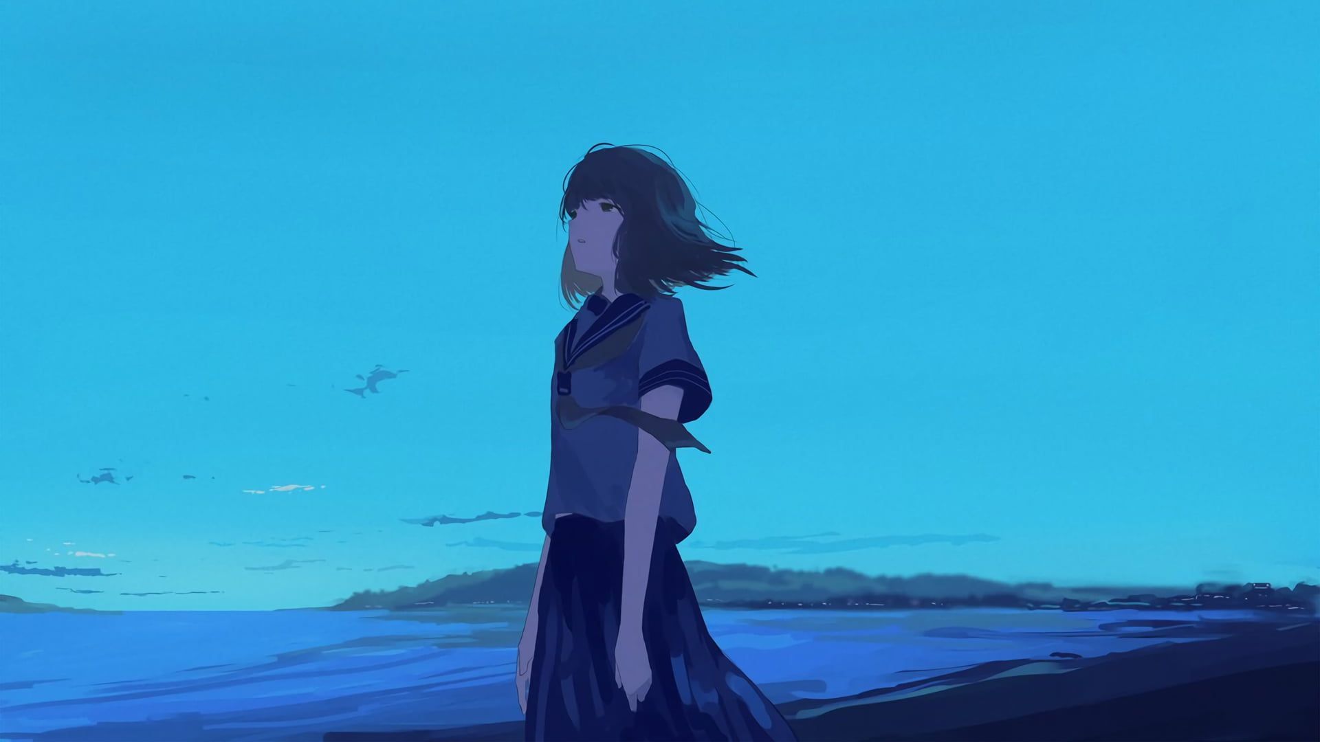 Anime character standing near beach illustration, anime, manga