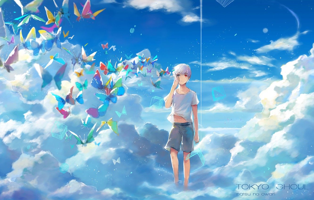 Wallpaper the sky, clouds, butterfly, anime, art, guy, Tokyo ghoul