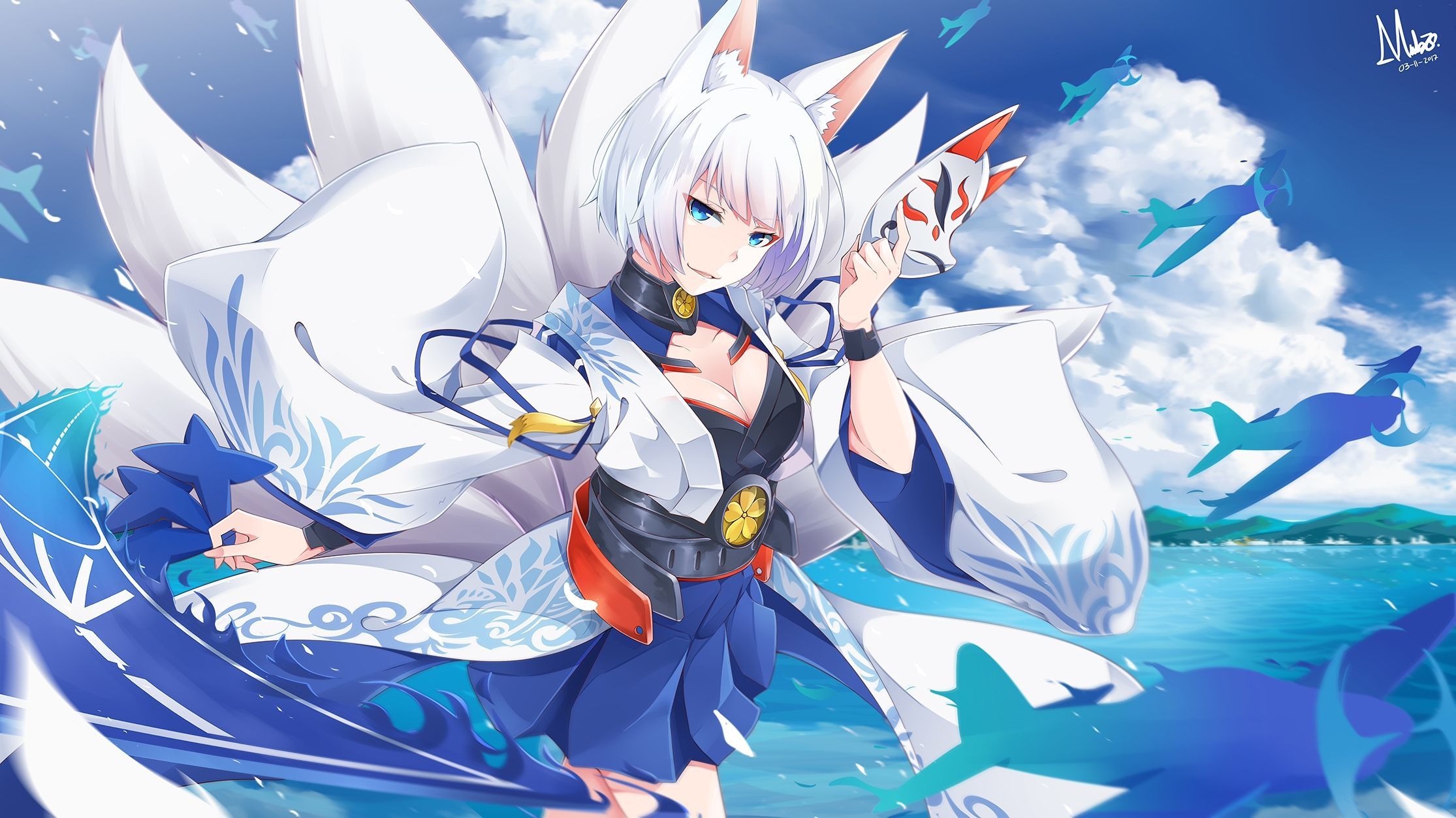 An anime foxgirl with long white hair and green eyes | Stable Diffusion