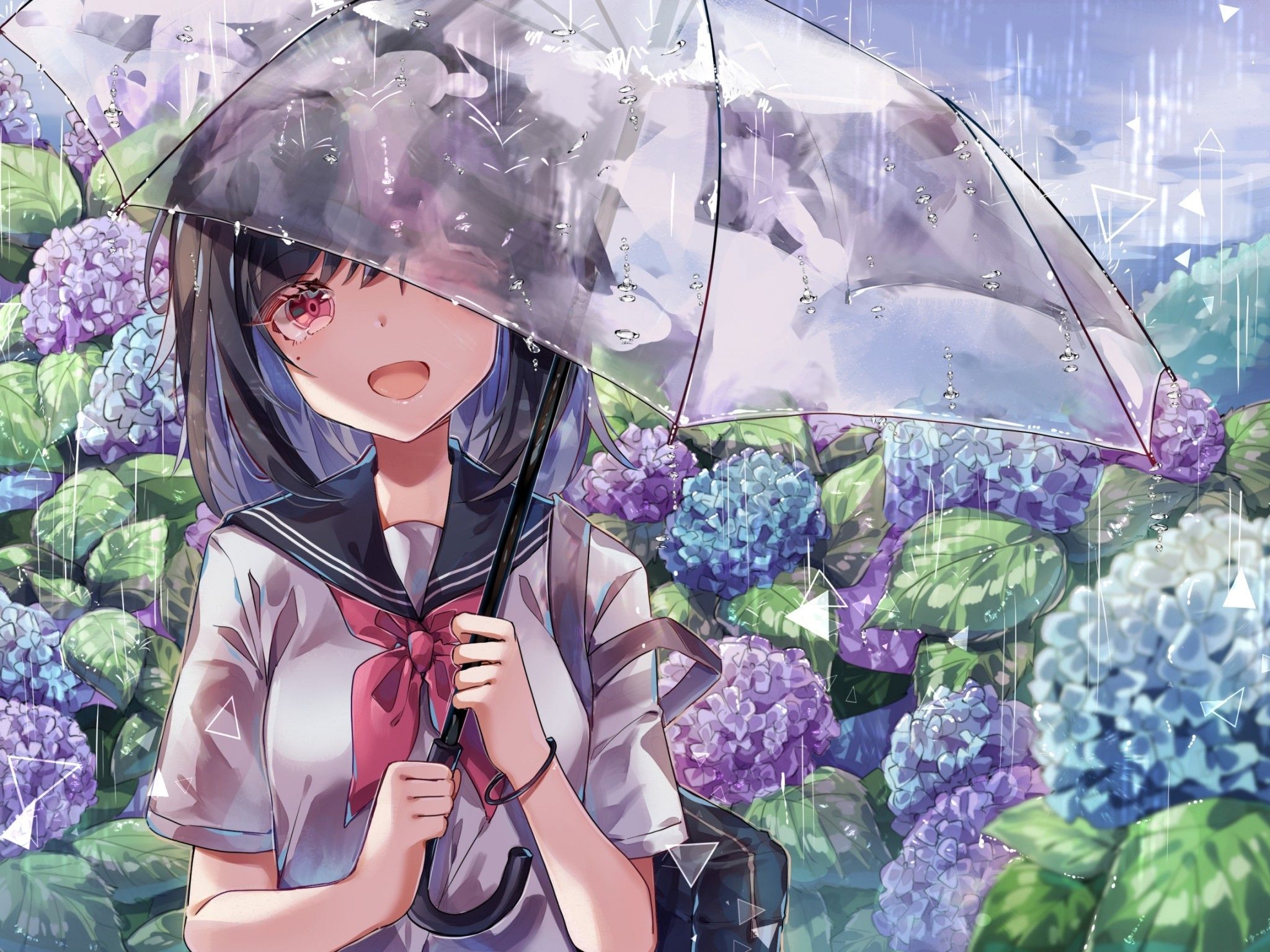 Download 2048x1536 Anime School Girl, Transparent Umbrella, Raining, Colorful Flowers Wallpaper for Ainol Novo 9 Spark