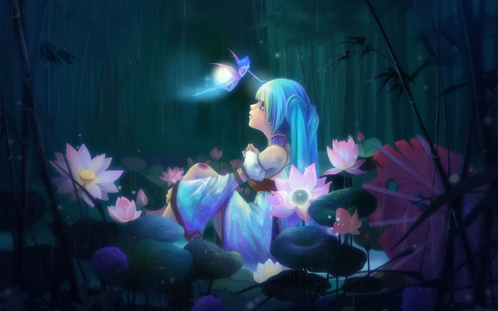 Anime Girl Sitting And Lotus Flowers Wallpaper