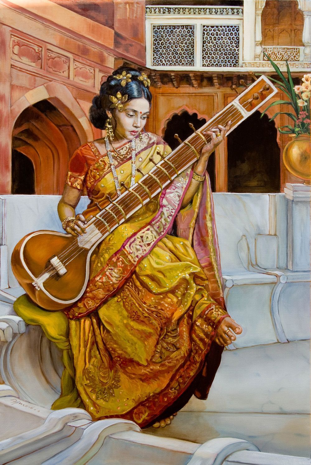 Lady with a sitar, oil painting, realism, lady, India, Sitar