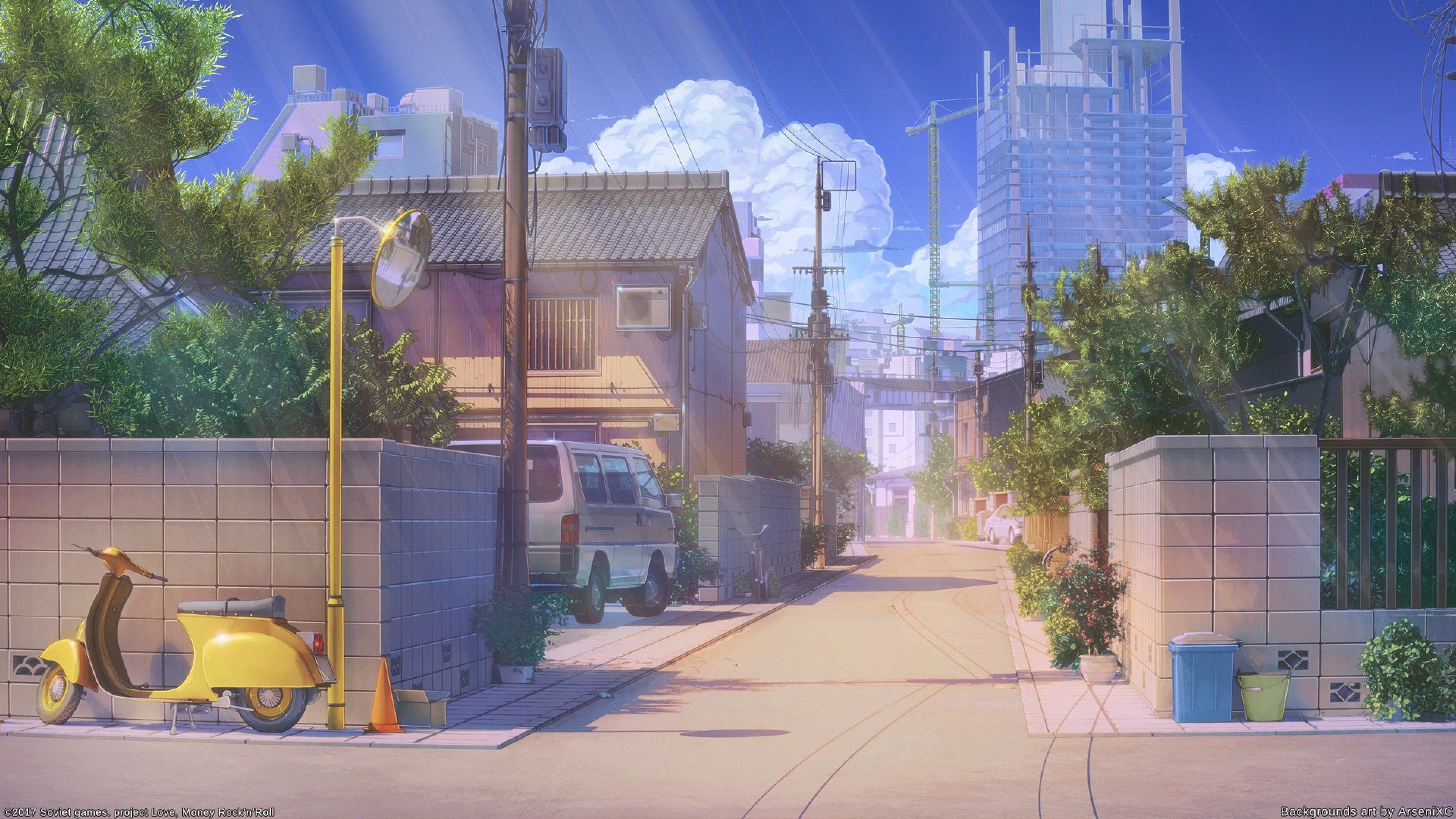 Download 3840x2160 Anime Street, Scenic, Buildings, Bicycle