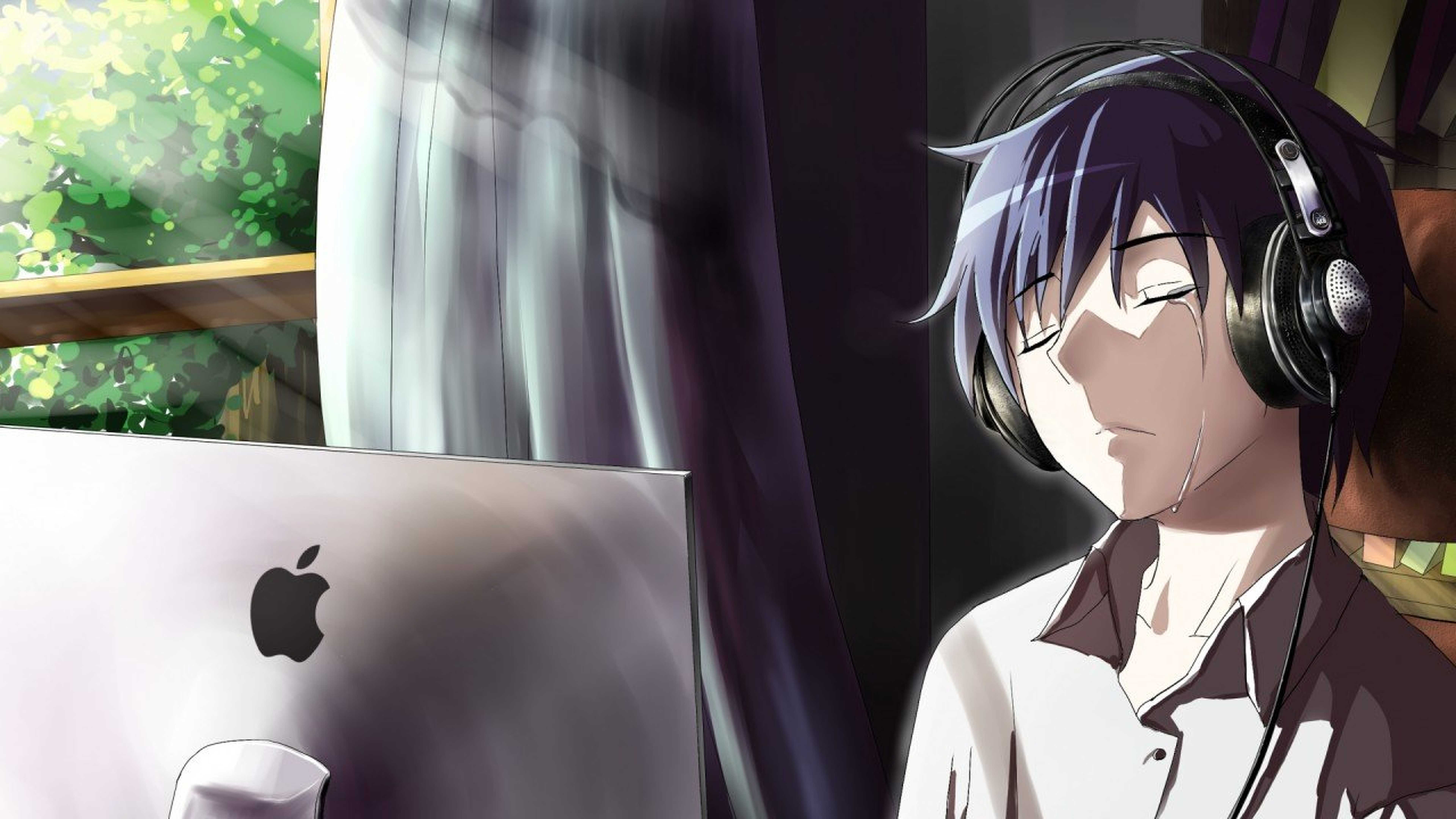 Anime Boy Crying in Front of Apple Laptop HD Wallpaper (7680x4320)