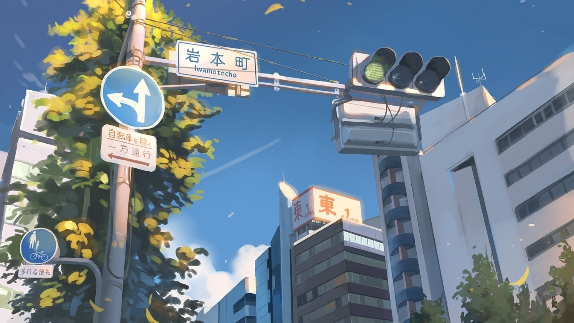 Download 1920x1080 Anime Landscape, City, Street, Buildings, Tree