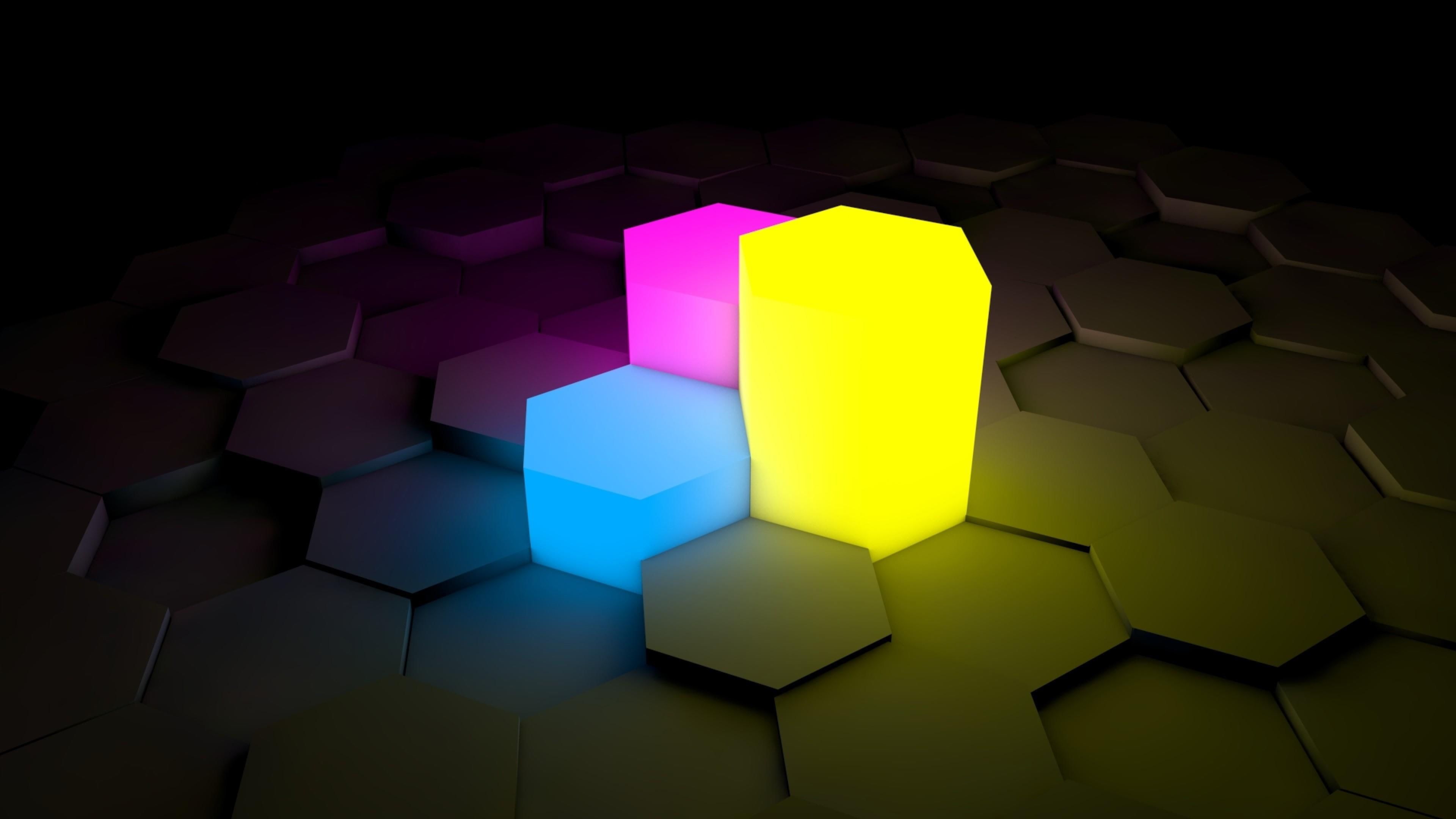 3D #blocks #blue #pink #yellow #dark #abstract #hexagon #shining #shadow #focus #neon K #wallpaper #hdwa. Hexagon wallpaper, Neon wallpaper, Abstract wallpaper