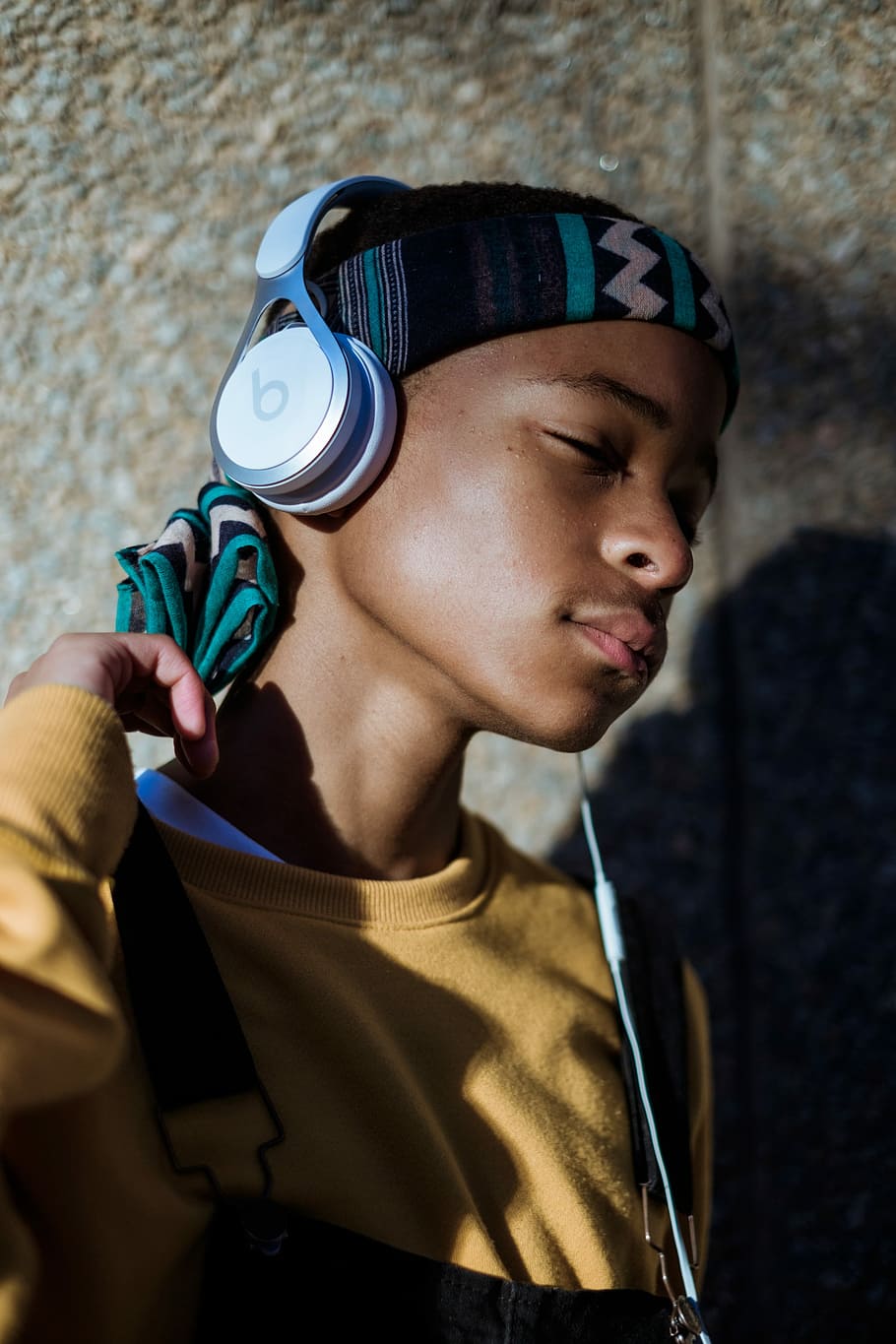 HD wallpaper: boy listening headphones, boy wearing yellow sweater listening to music