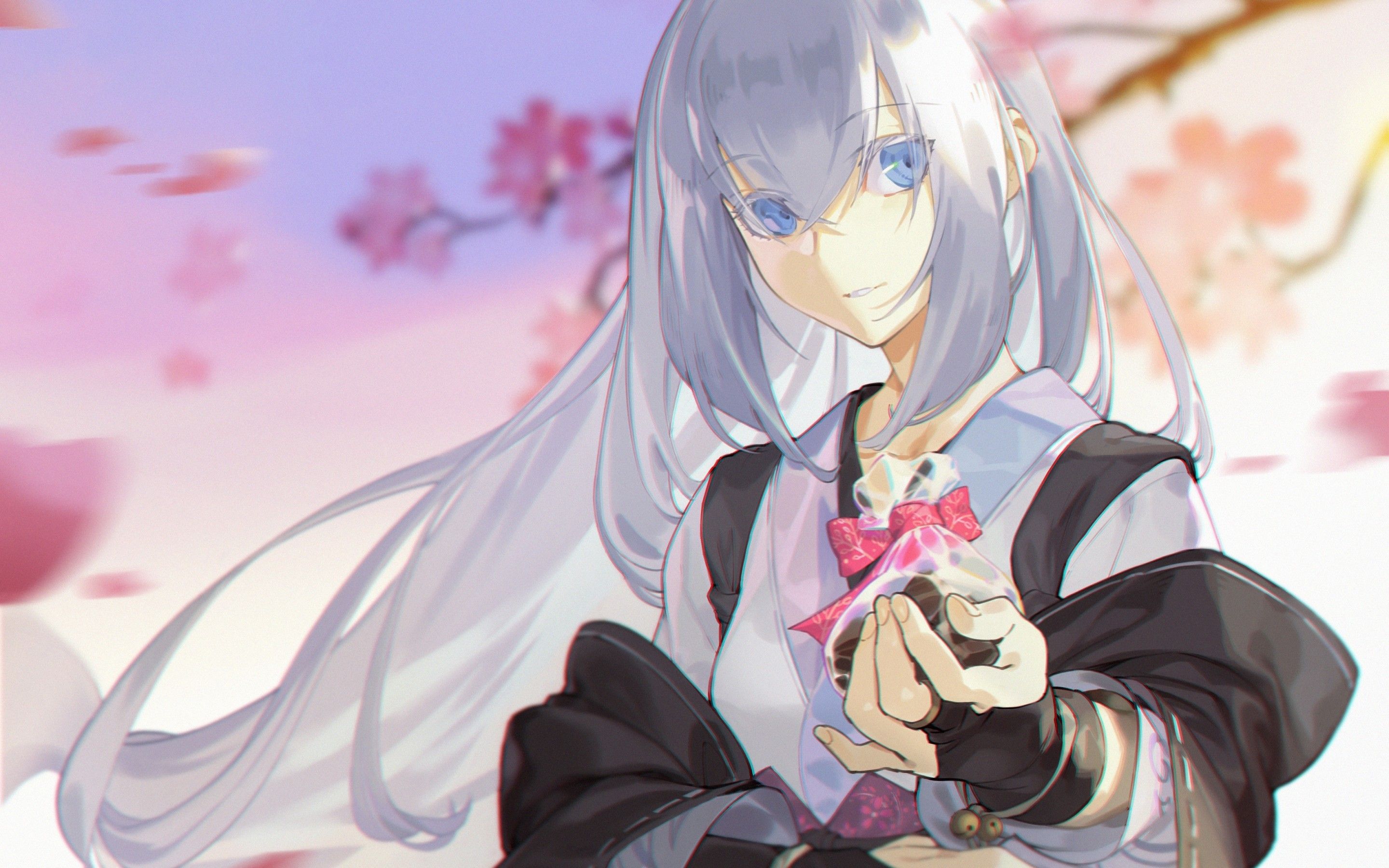 Download 2880x1800 Anime Girl, White Hair, Cherry Blossom, Wind