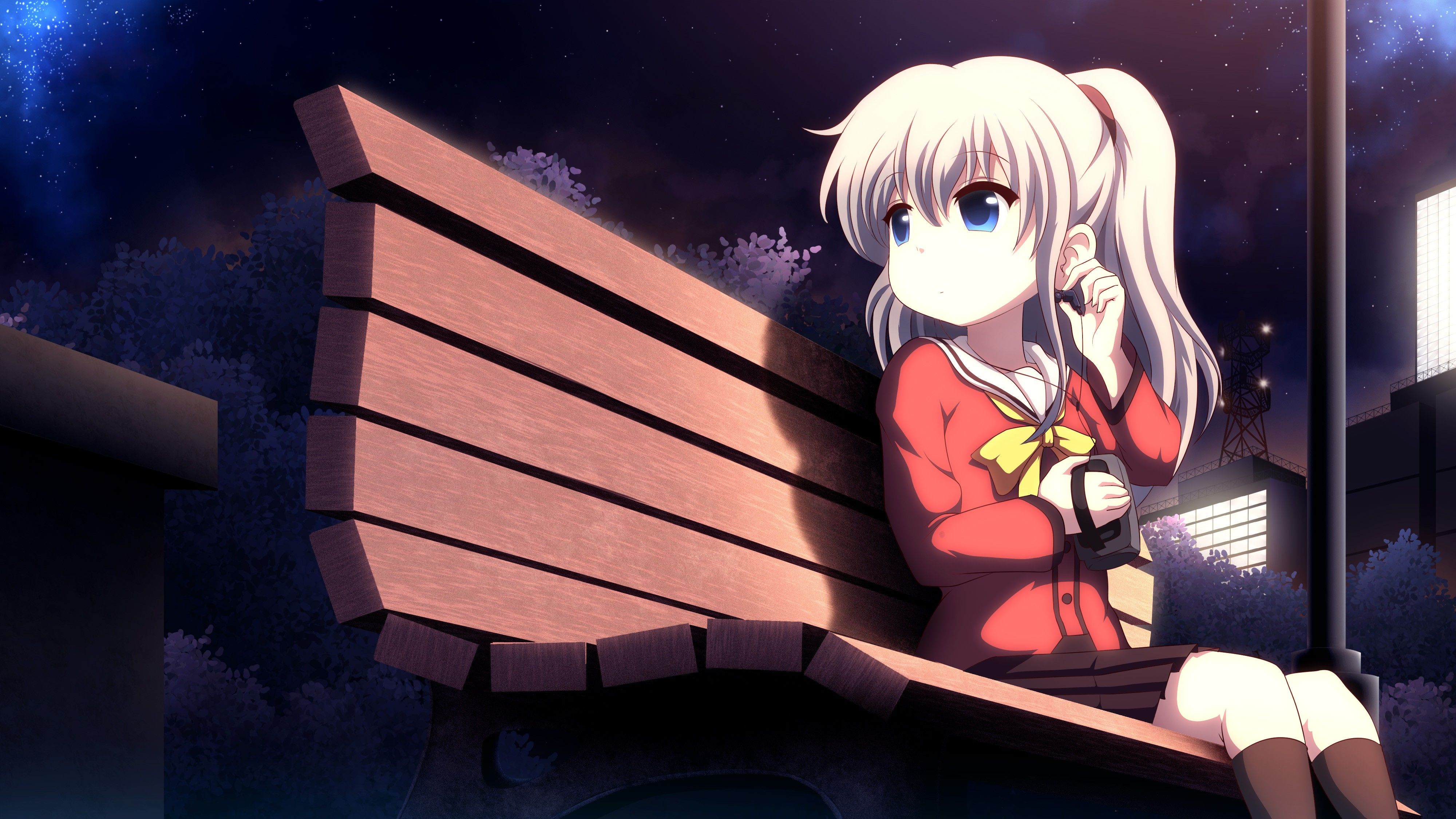 #anime, #Charlotte (anime), #headphones, #park, #bench