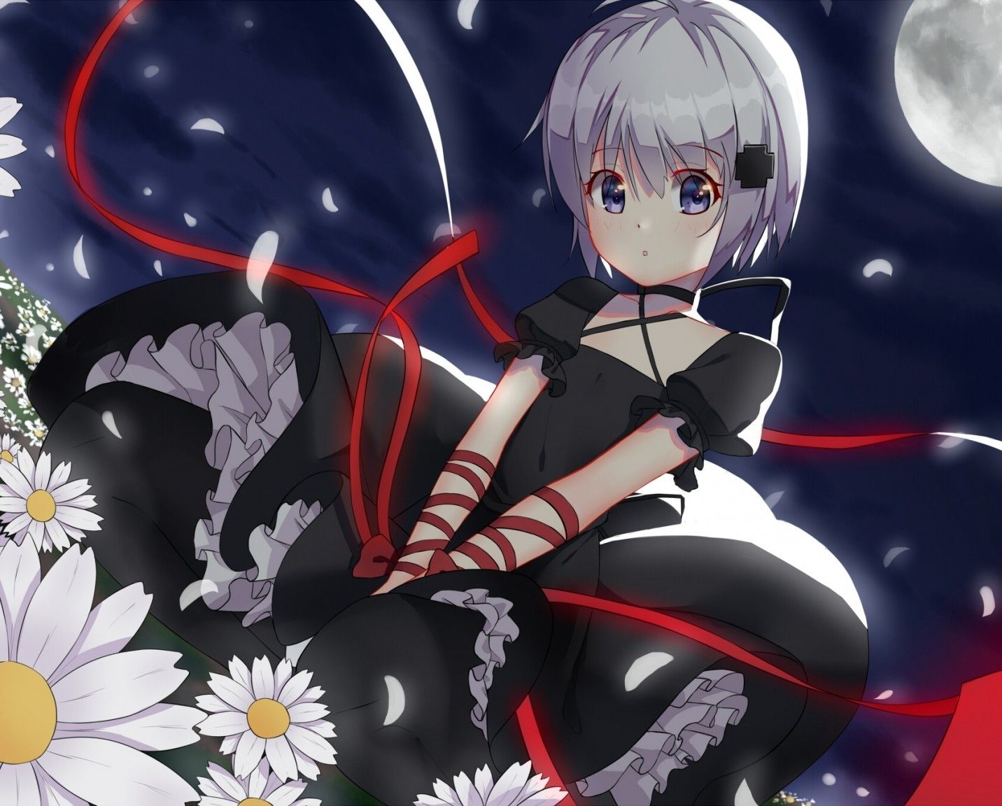 Rewrite, Kagari, White Hair, Loli, Black Dress, Moon