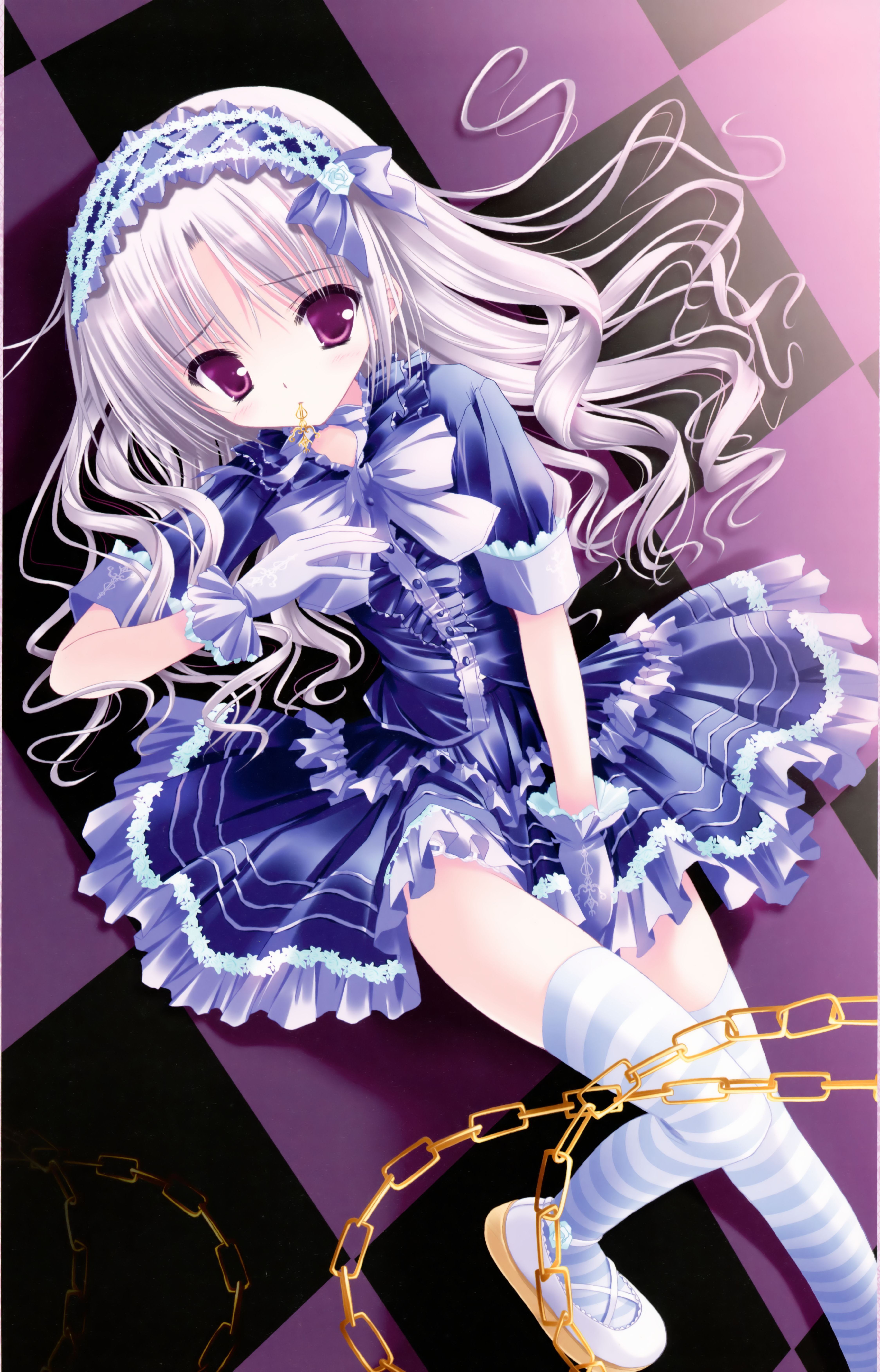 lolicon, striped lingerie, anime, chains, gothic dress, white hair