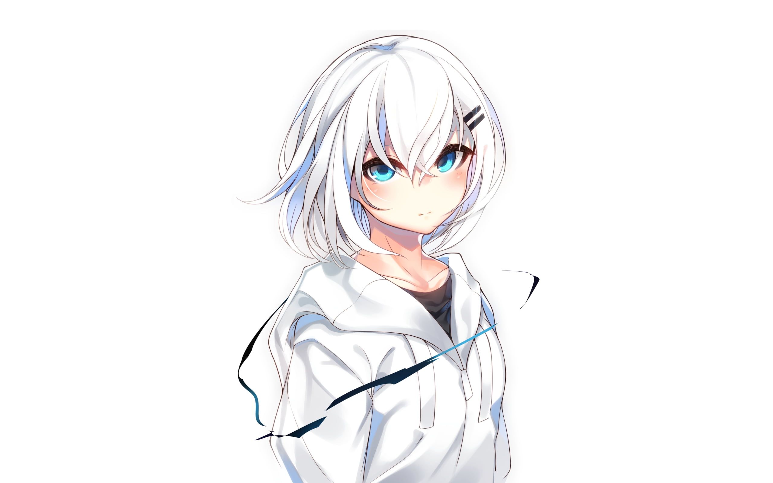 Short white haired female anime character illustration, aqua eyes