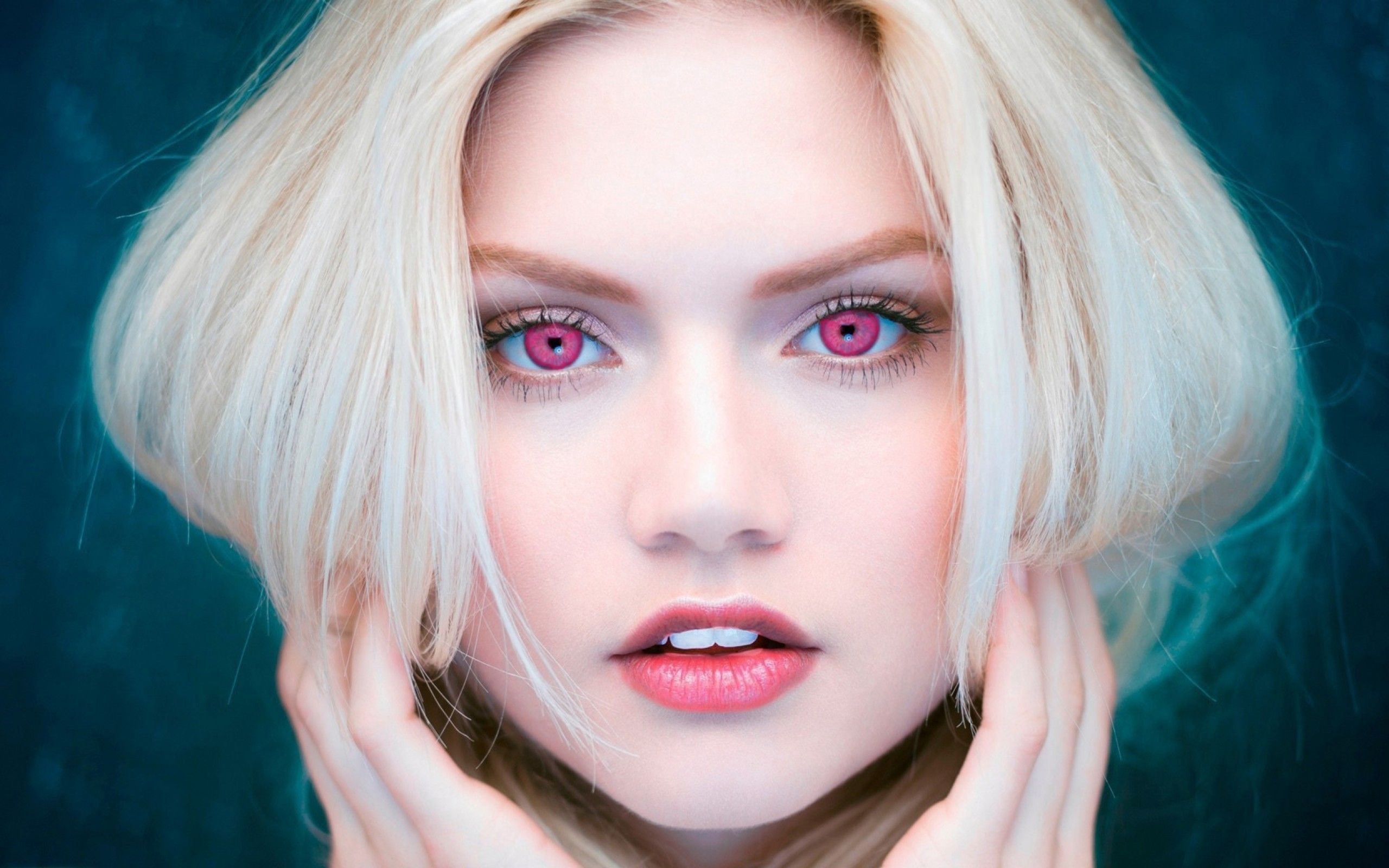 Download 2560x1600 Blonde, Women, Pink Eyes, Close Up, Face, Open