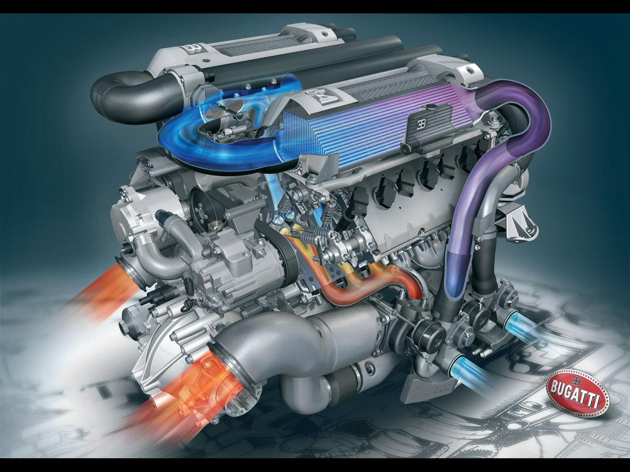 Bugatti Veyron W16 Engine 200 HP Quad Turbo 8 Radiators