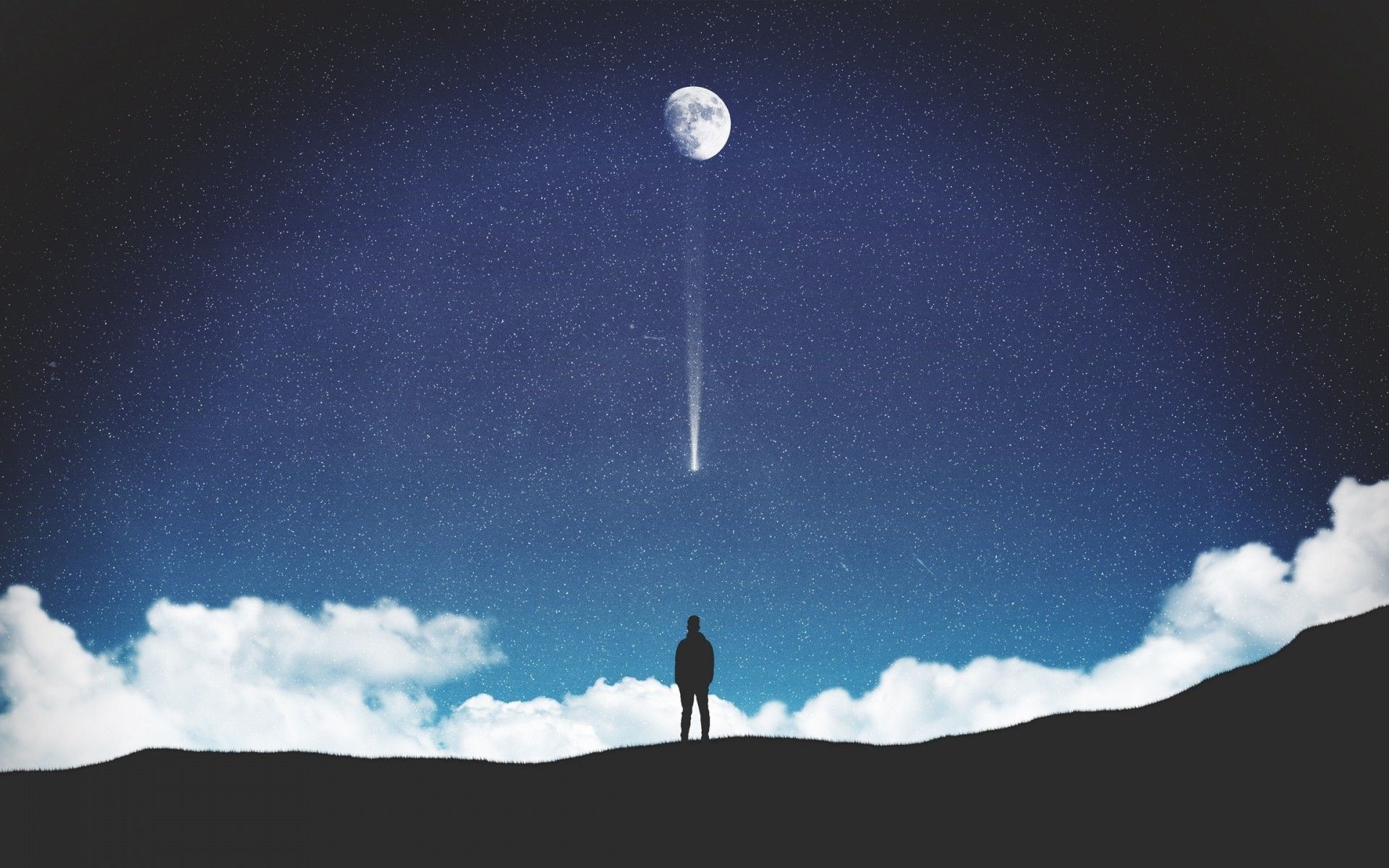 Download 1920x1200 Lonely Man Silhouette, Moon, Starry Sky, Scenic