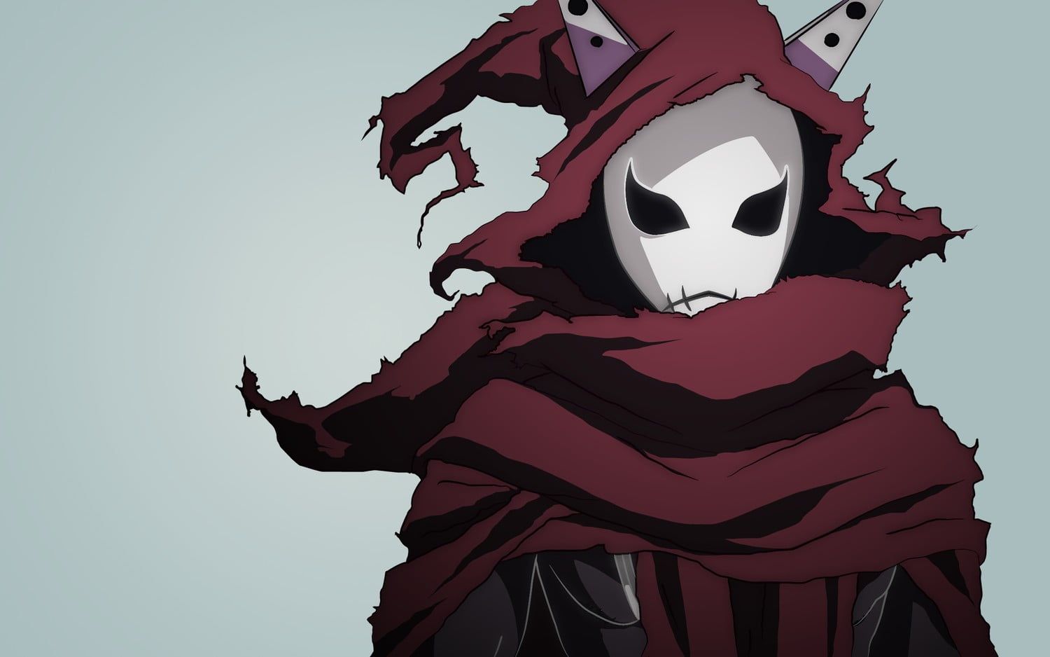 Animated character in white mask and red hood, Yumekui Merry, John