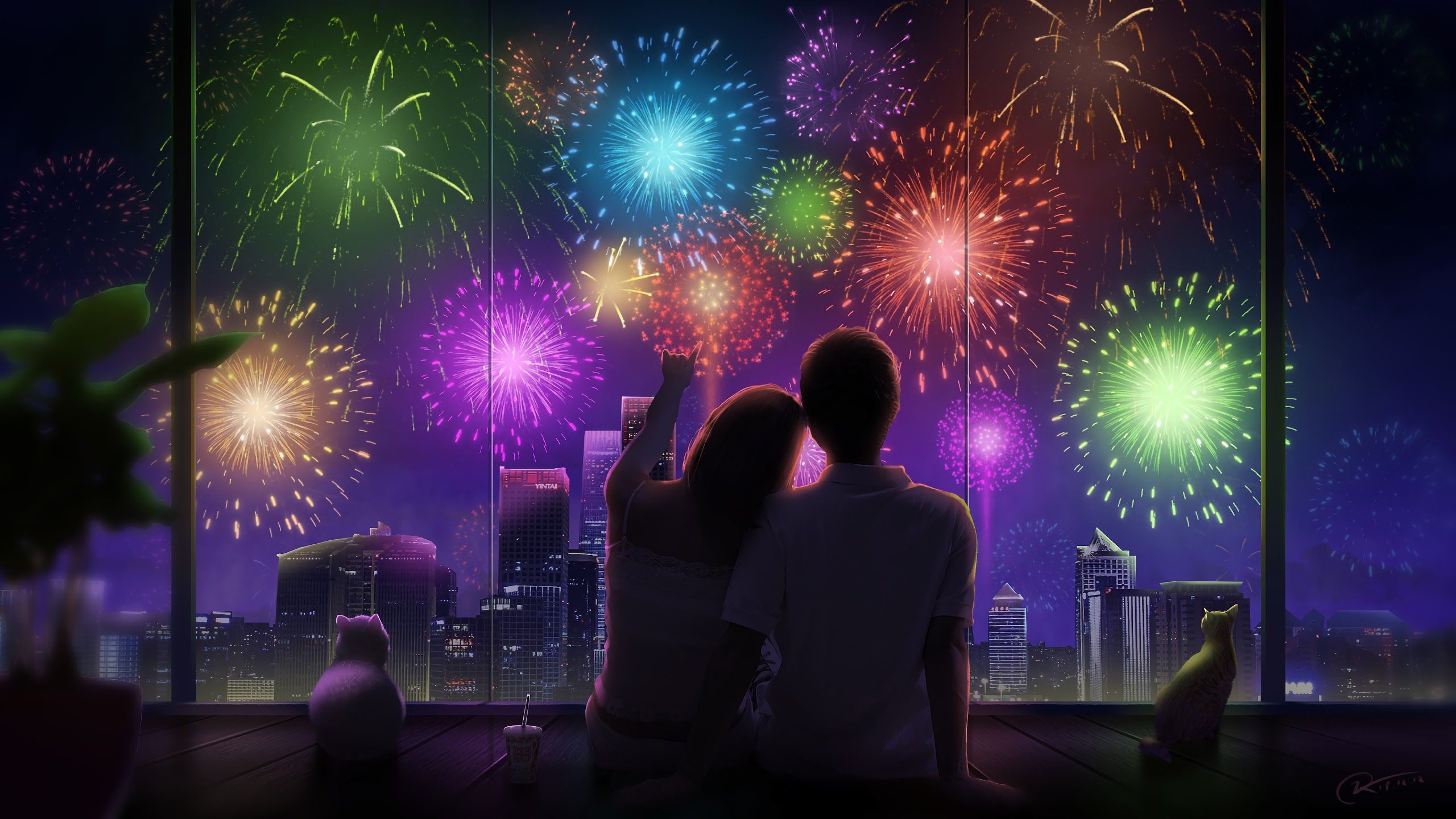 Anime Couple City Night Fireworks 4K Wallpaper