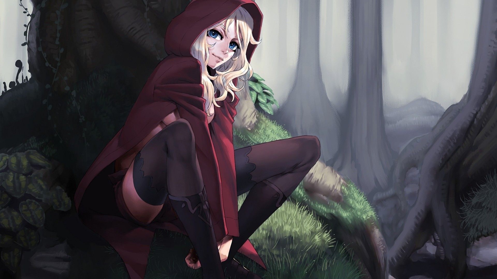 blondes, trees, stockings, anime, Red Hood wallpaper