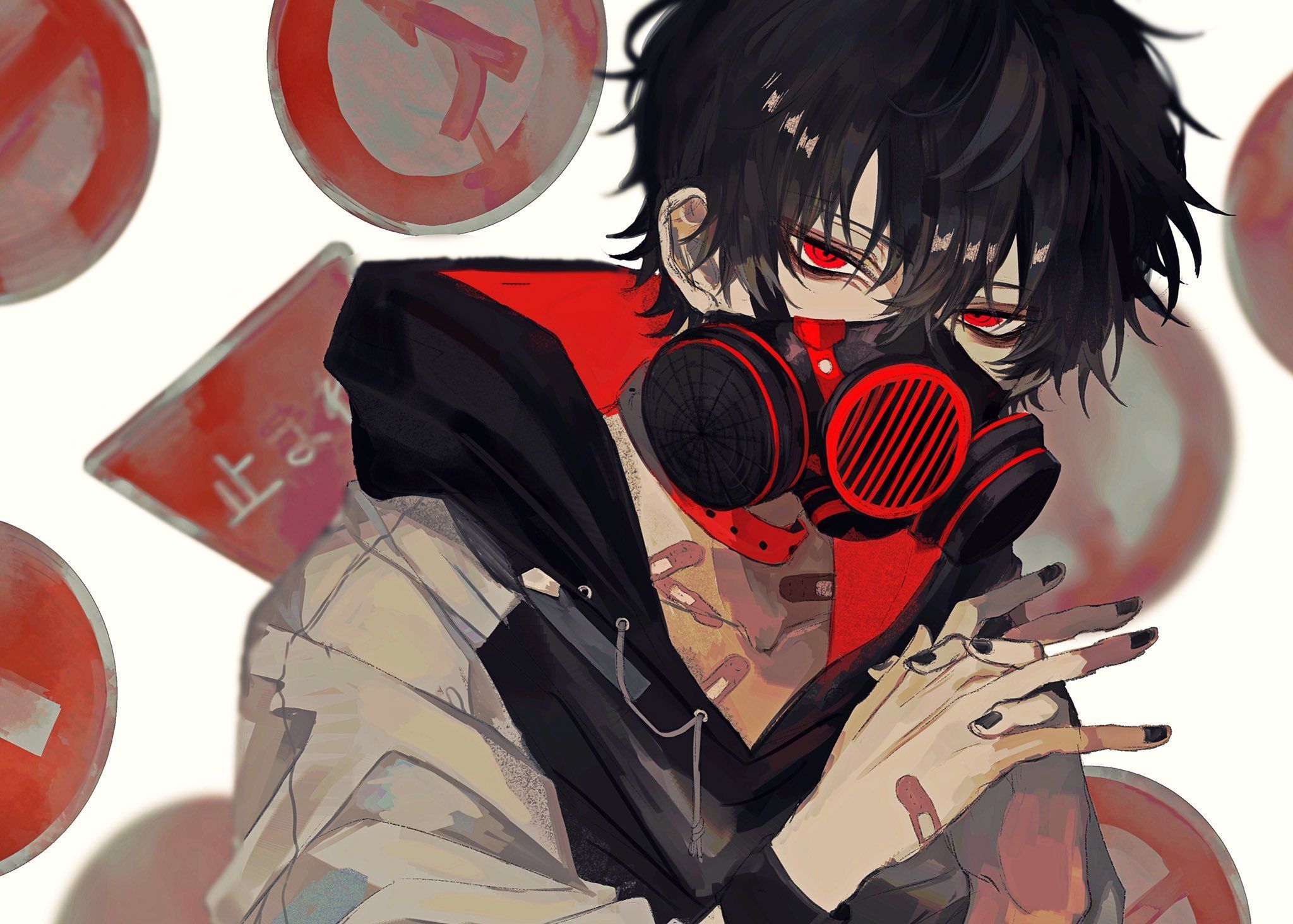 red eyes, #road sign, #gas masks, #hoods, #bandage, #black hair, #black nails, #collar, # Male, #anime. Wallpaper No. 768234 -. ガスマスク イラスト, ダークなアニメ, かわいいアニメの少年