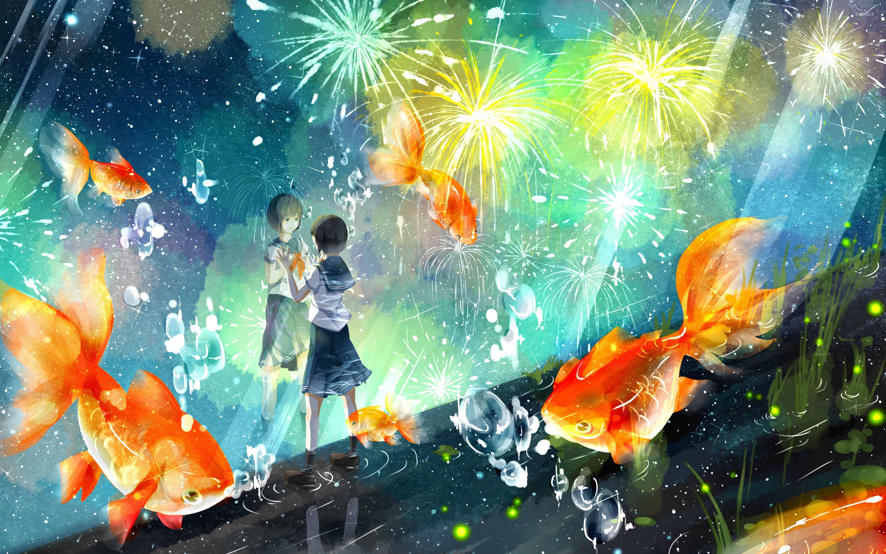 Schoolgirl wathing the fireworks wallpapers