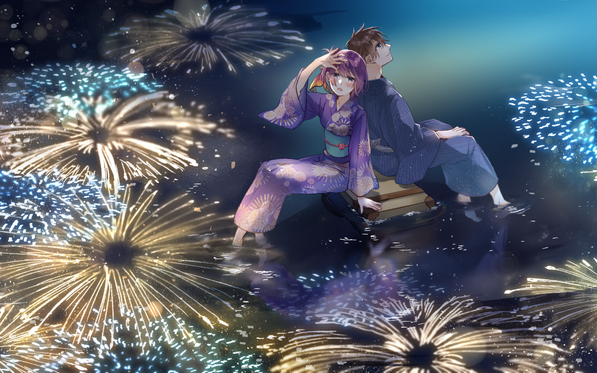 Download 1920x1200 Anime Couple, Yukata, Fireworks, Water