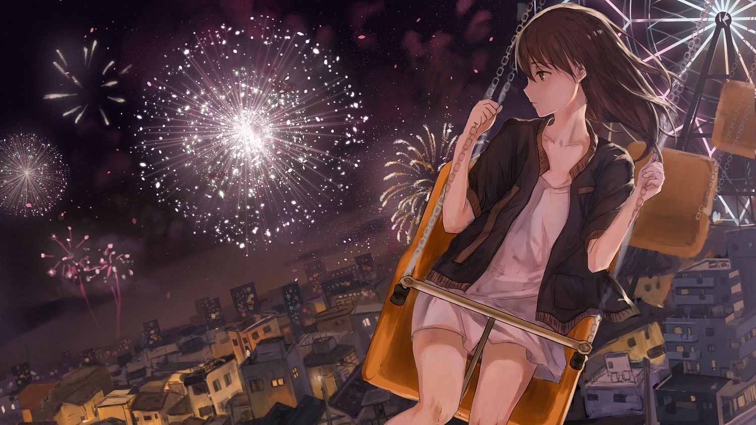 brown eyes brown hair building catzz city dress fireworks night original summer dress. konachan.com.com Anime Wallpaper