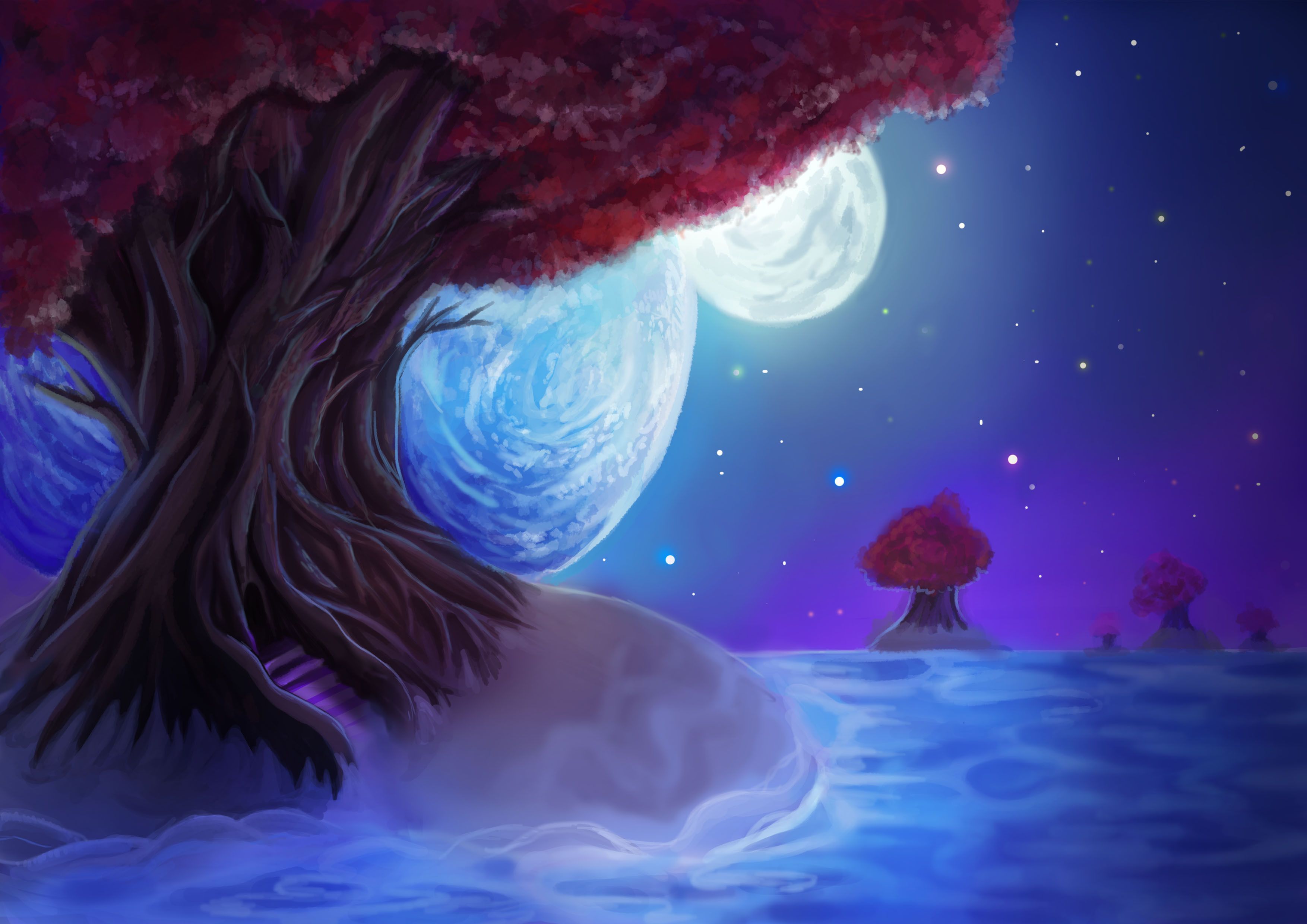 Painting landscape tree leaves sky night stars the moon the planet