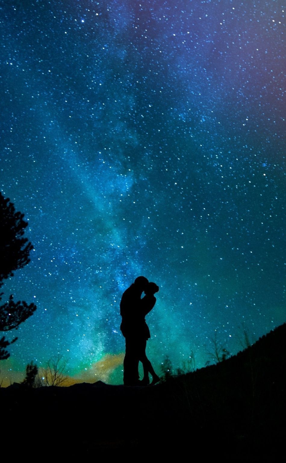 Couple, romantic night, silhouette, starry sky, 950x1534 wallpaper
