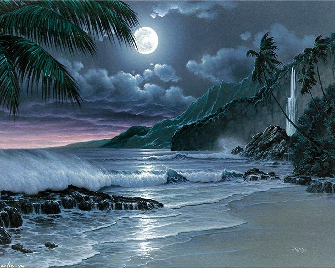 Free download Lonesome Night Ocean Painting Sand Waterfall HD