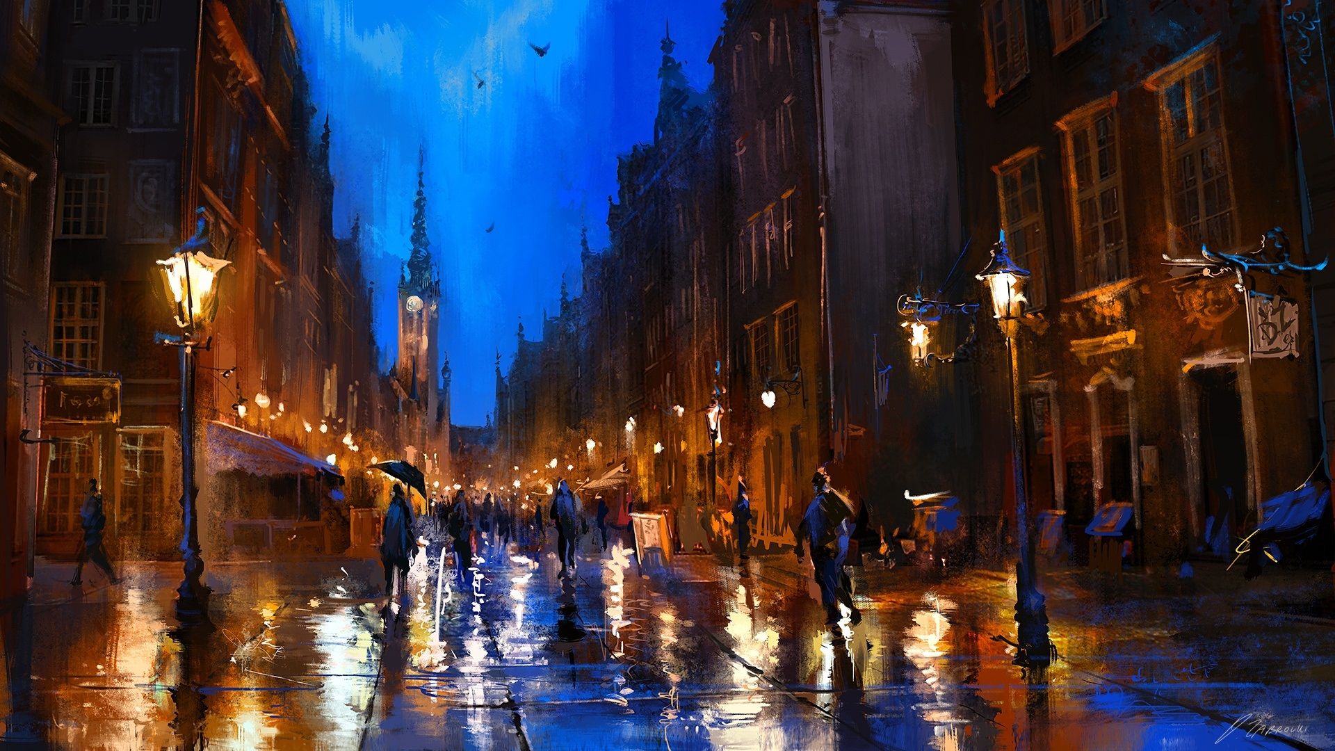 Wallpaper Art painting, Poland, street, rainy, night, people, lamp