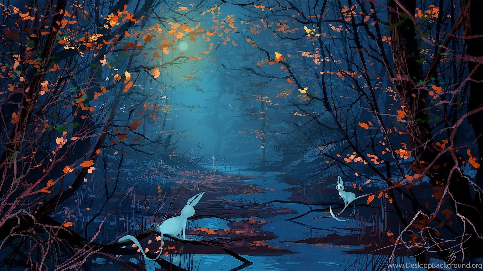 Forest At Night Painting Wallpaper HD Download For Desktop