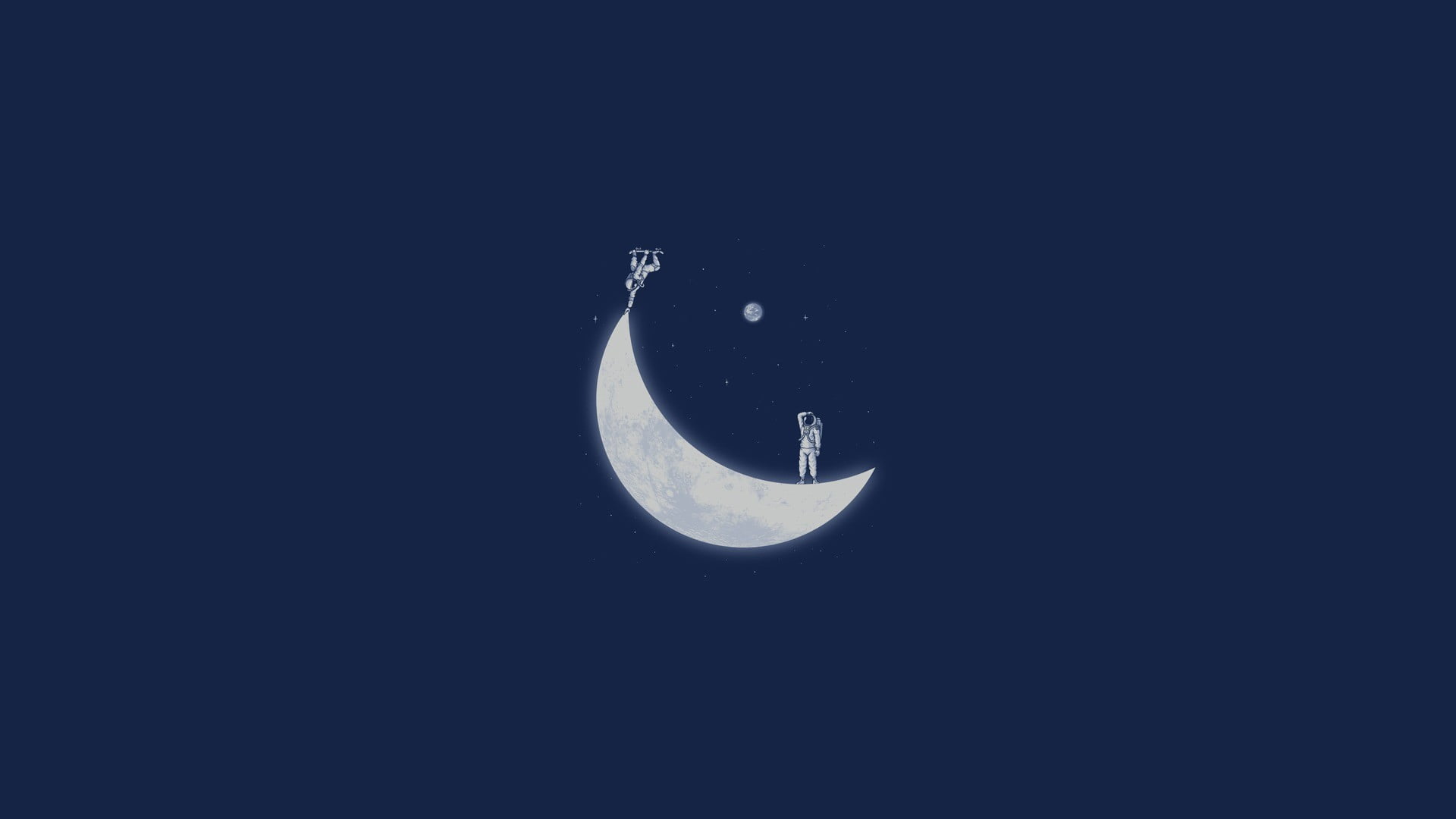 Crescent moon illustration, stars, space, astronaut, minimalism HD