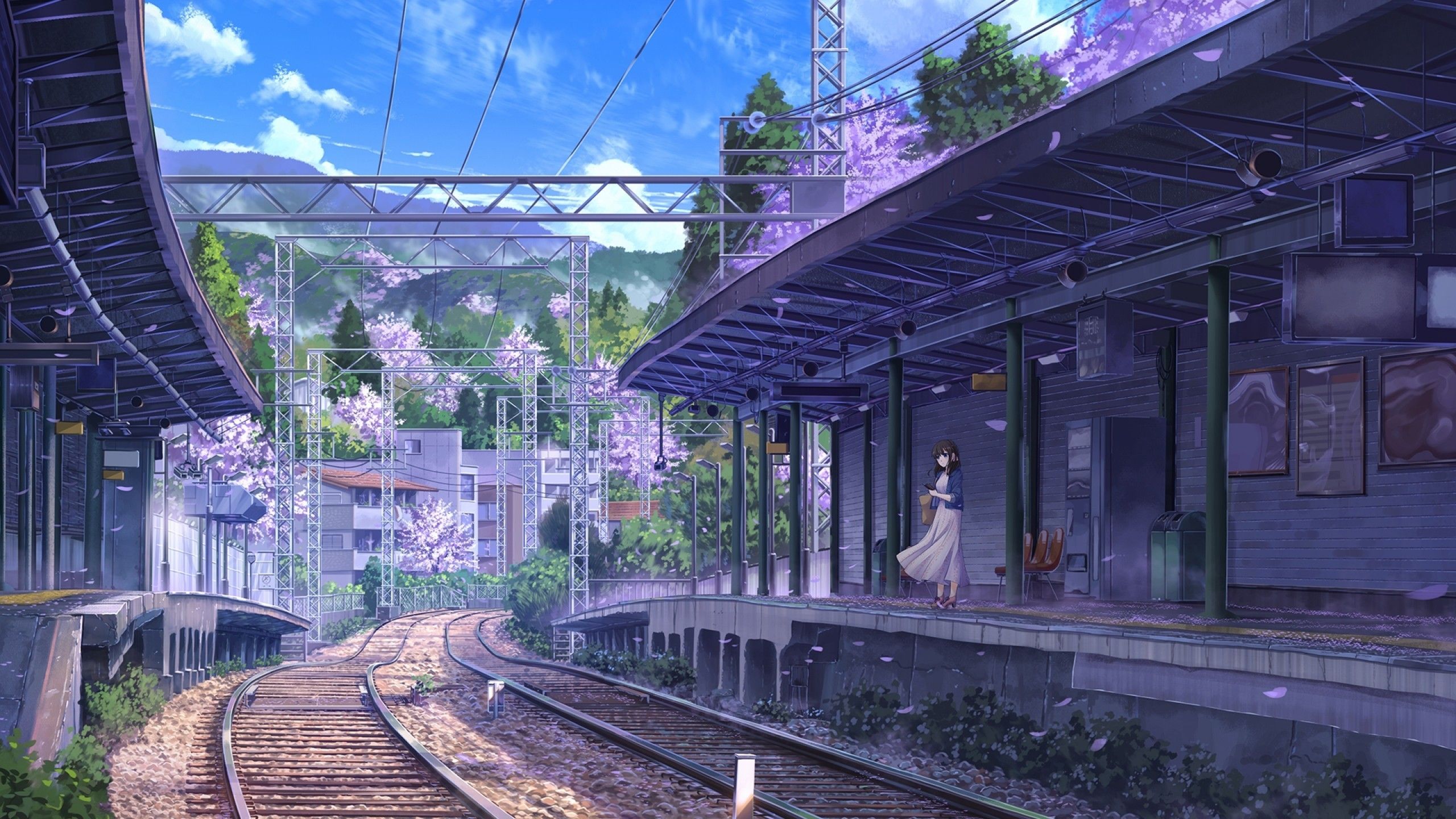 Download 2560x1440 Anime Tran Station, Woman, Scenic, Trees